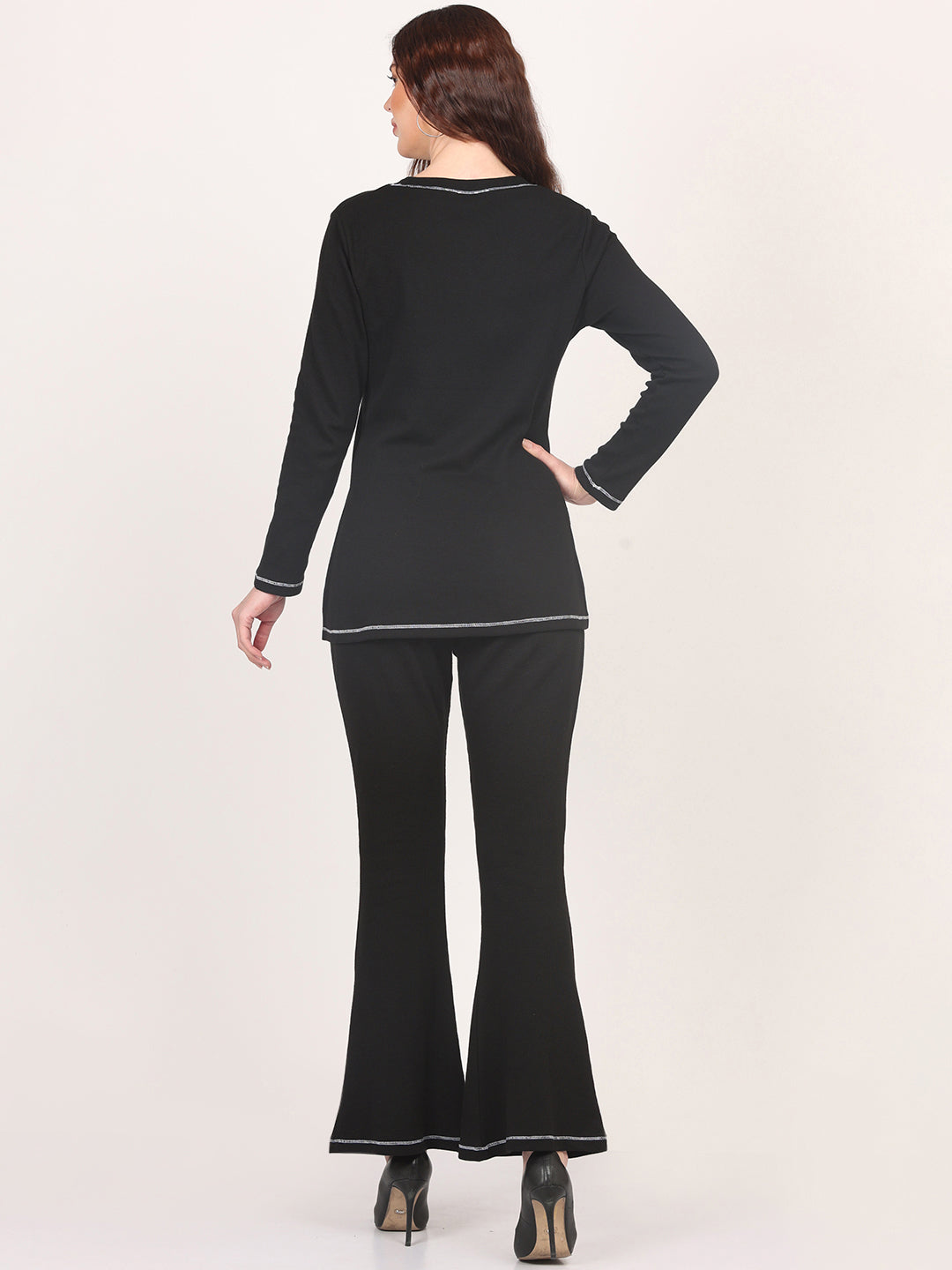 Black Round Neck Top & Bell Bottom Trouser Co-Ords Set for Women