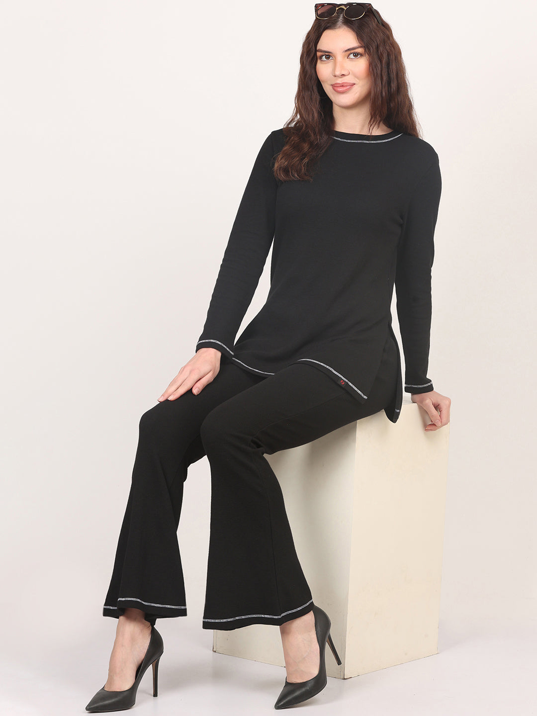 Black Round Neck Top & Bell Bottom Trouser Co-Ords Set for Women