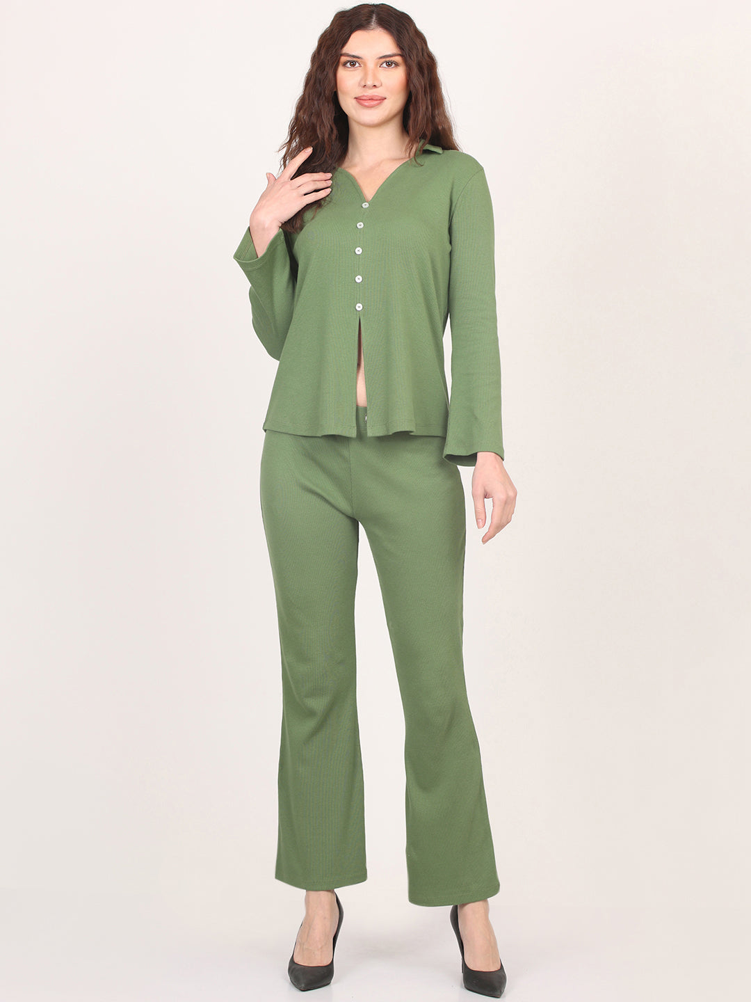 Nimble Cotton Spandex Solid Full Sleeve V-Neck Top & Bell Bottom Trouser Co-Ords Set for Women