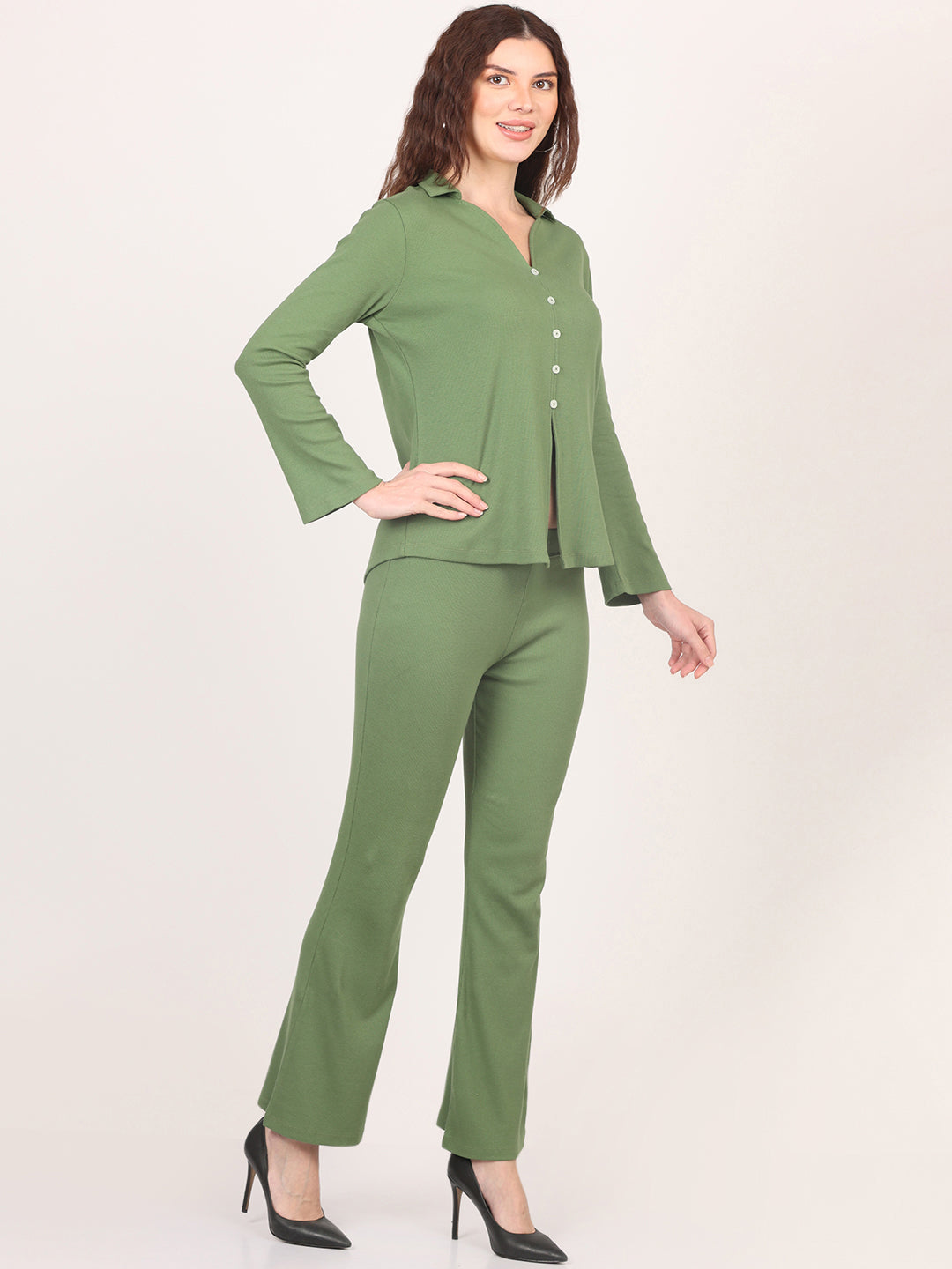 Nimble Cotton Spandex Solid Full Sleeve V-Neck Top & Bell Bottom Trouser Co-Ords Set for Women