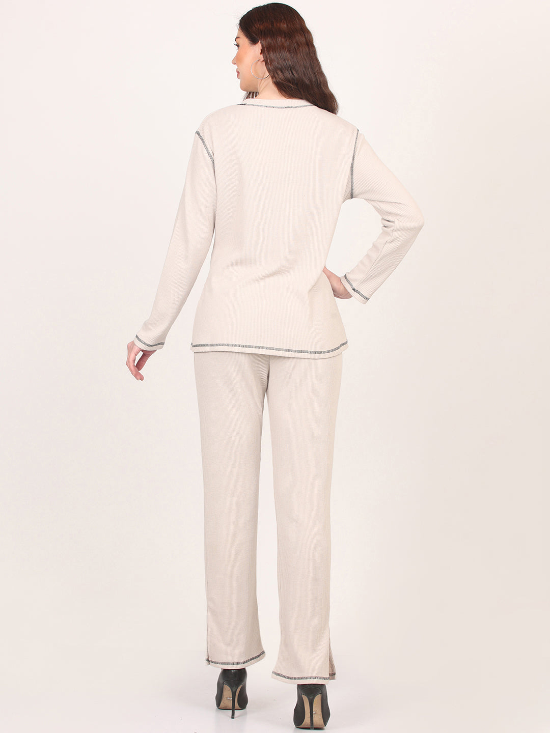 Beige Round Neck Top & Trouser Co-Ords Set for Women