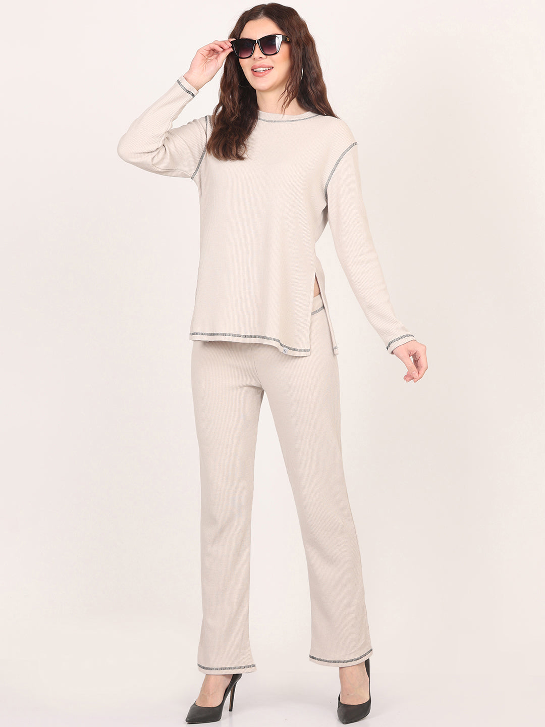 Beige Round Neck Top & Trouser Co-Ords Set for Women