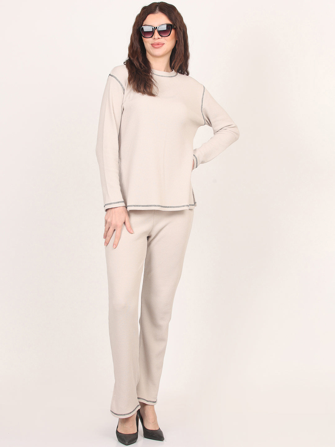 Beige Round Neck Top & Trouser Co-Ords Set for Women