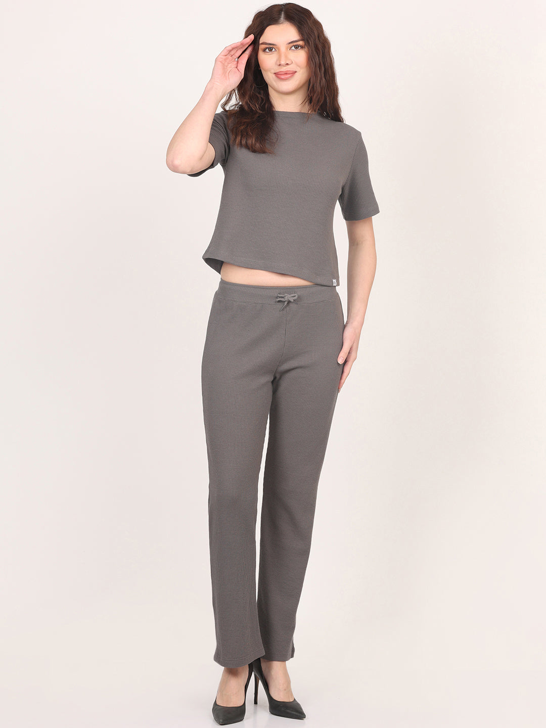 Grey Round Neck Top & Trouser Co-Ords Set for Women