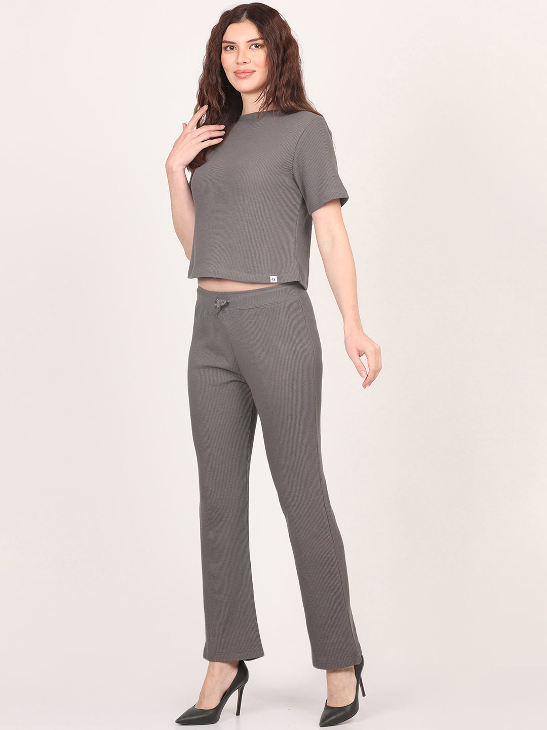 Grey Round Neck Top & Trouser Co-Ords Set for Women