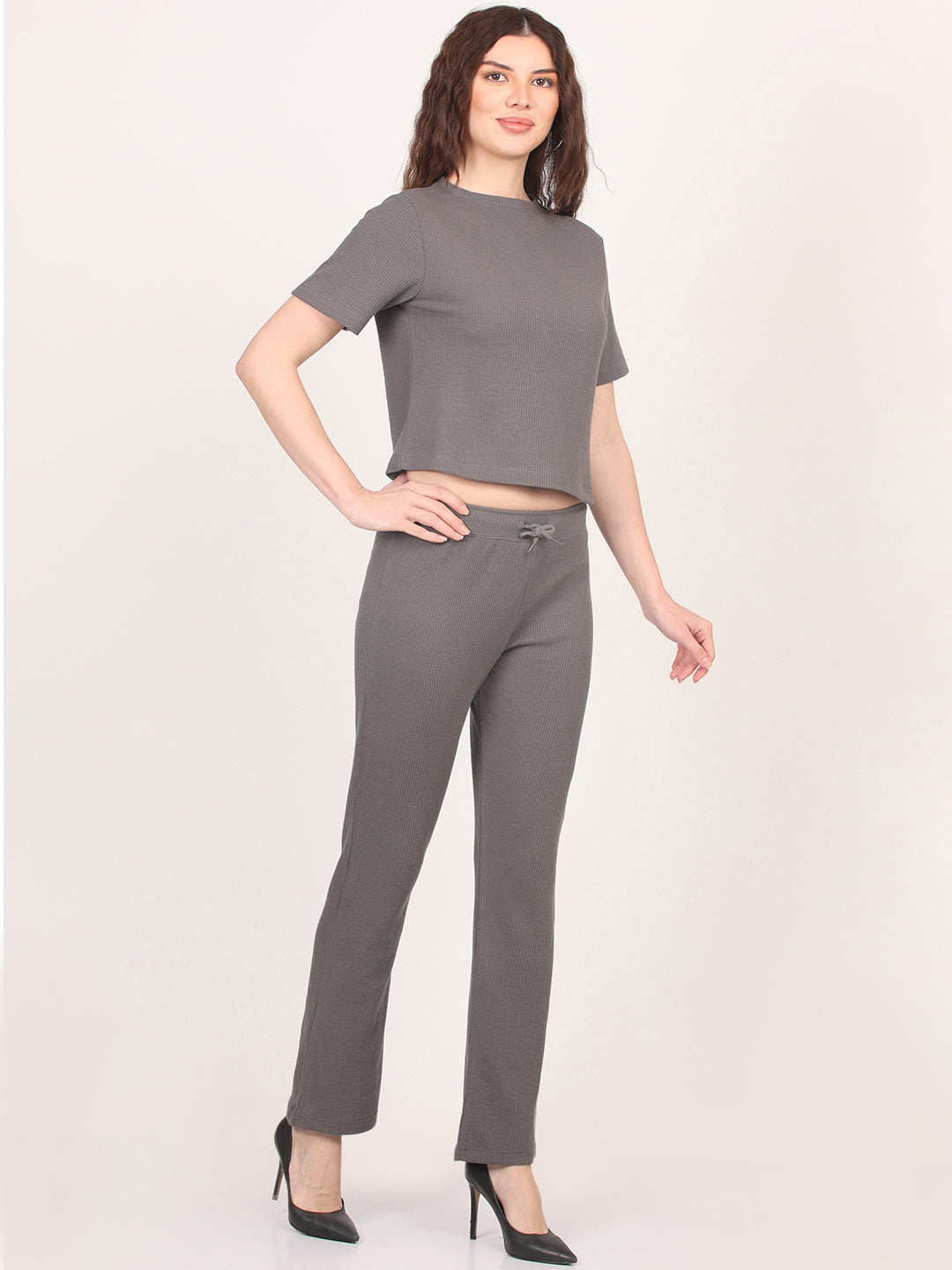 Grey Round Neck Top & Trouser Co-Ords Set for Women