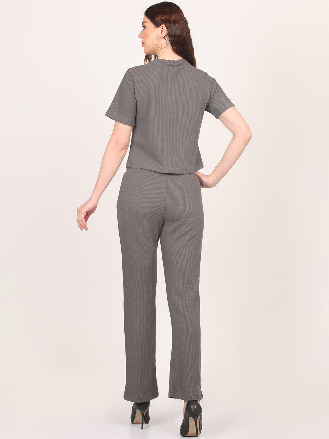 Grey Round Neck Top & Trouser Co-Ords Set for Women