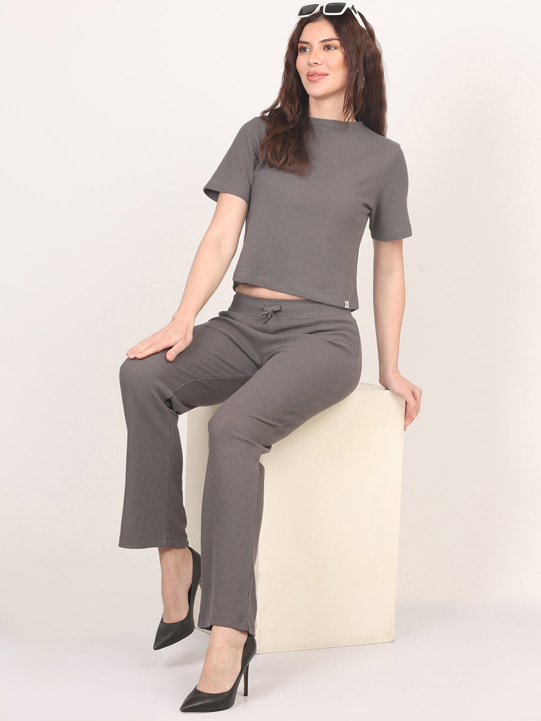 Grey Round Neck Top & Trouser Co-Ords Set for Women