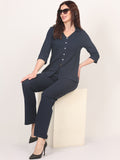 Nimble Cotton Polyester Solid 3/4 Sleeve V-Neck Top & Regular Trouser Co-Ords Set for Women