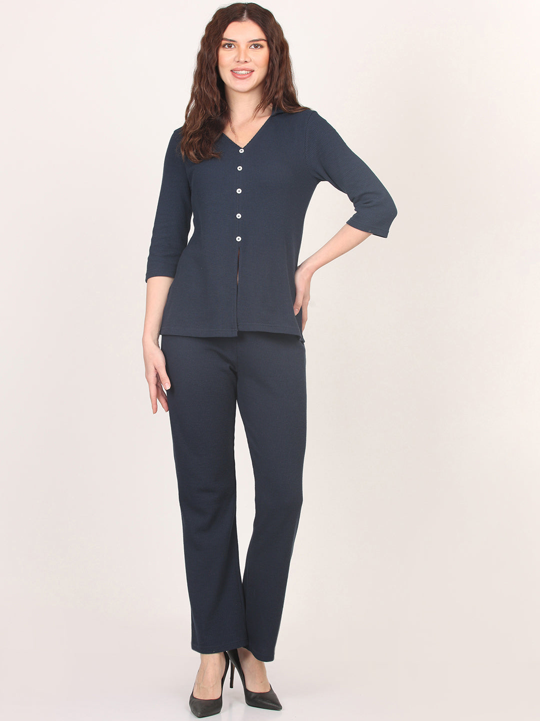 Nimble Cotton Polyester Solid 3/4 Sleeve V-Neck Top & Regular Trouser Co-Ords Set for Women