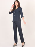 Nimble Cotton Polyester Solid 3/4 Sleeve V-Neck Top & Regular Trouser Co-Ords Set for Women