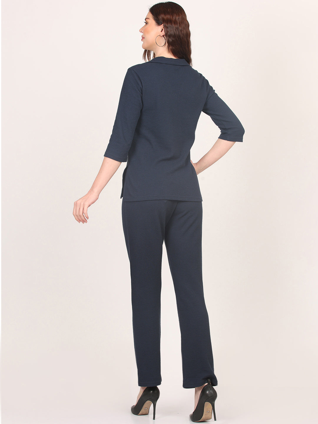 Nimble Cotton Polyester Solid 3/4 Sleeve V-Neck Top & Regular Trouser Co-Ords Set for Women