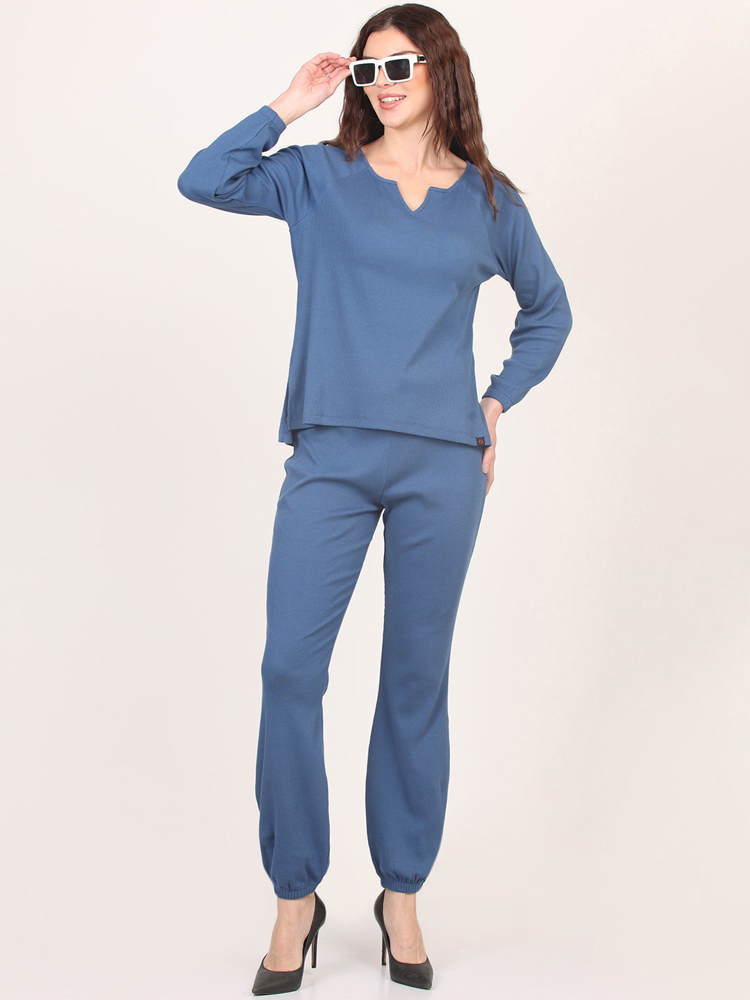 Blue Key-Hole Top & Trouser Co-Ords Set for Women