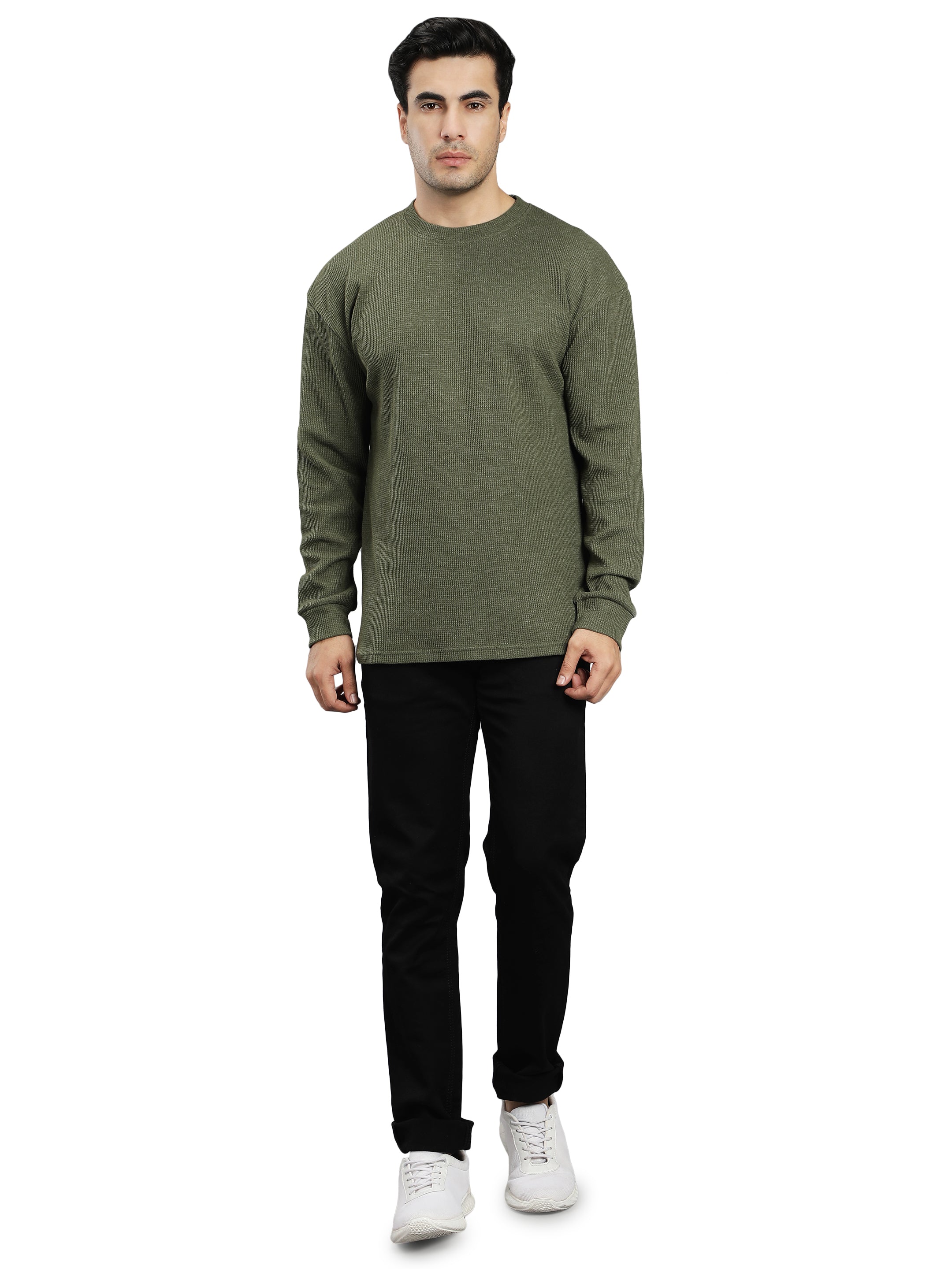 Dark Green Full Sleeves Waffle T-Shirt for Men