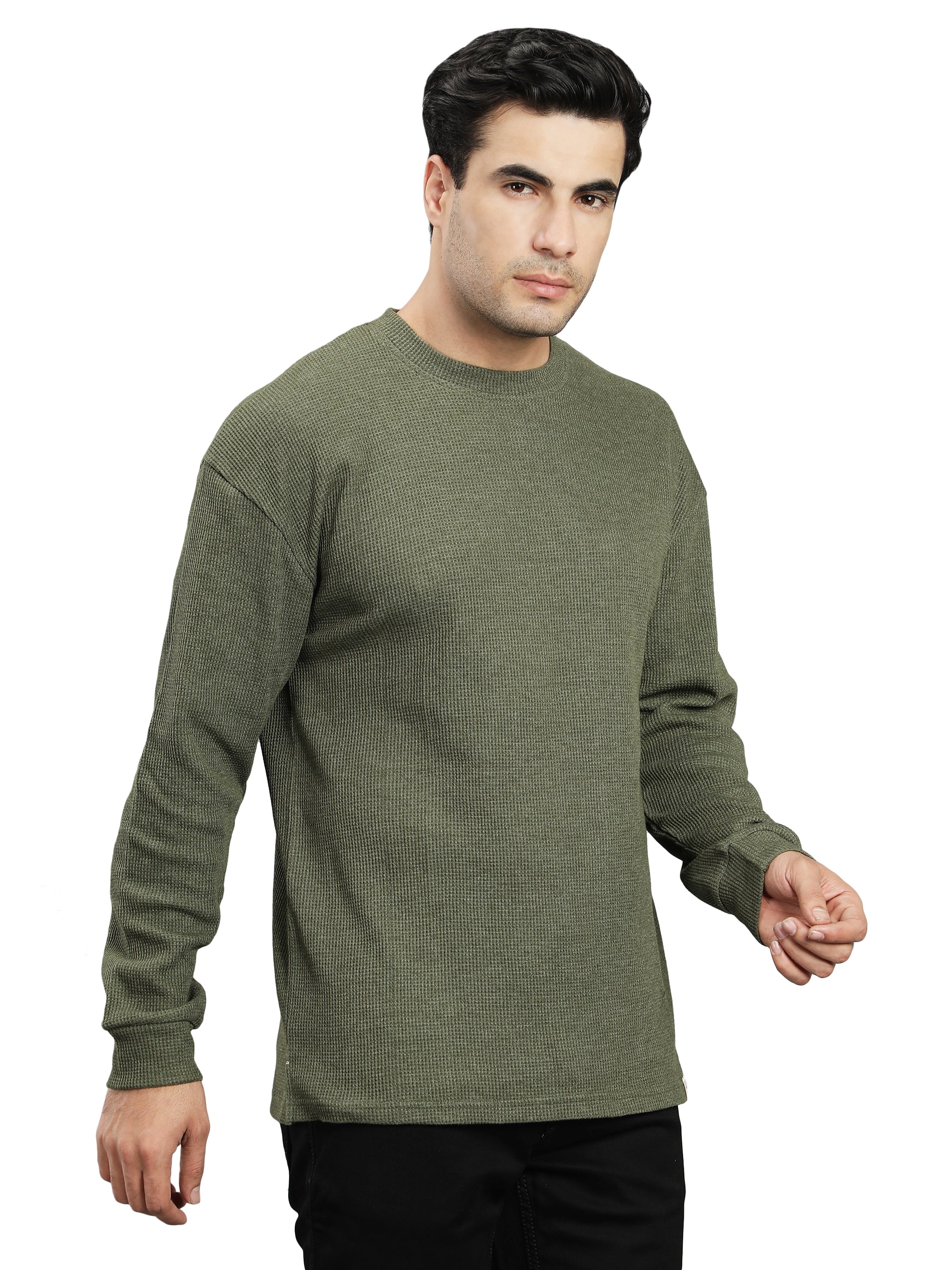 Dark Green Full Sleeves Waffle T-Shirt for Men