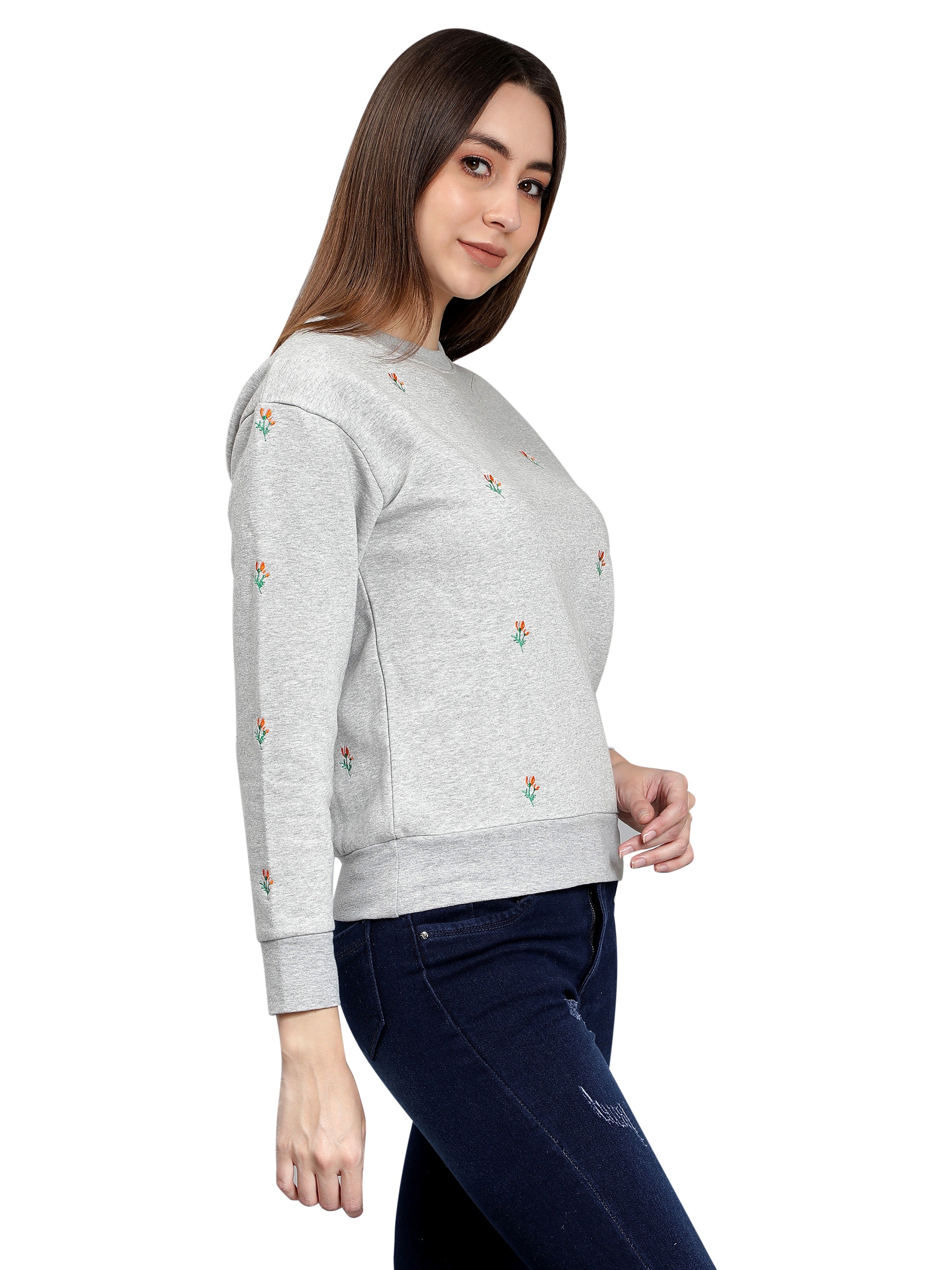 Grey Heather Mélange Embroidered Sweatshirt for Women