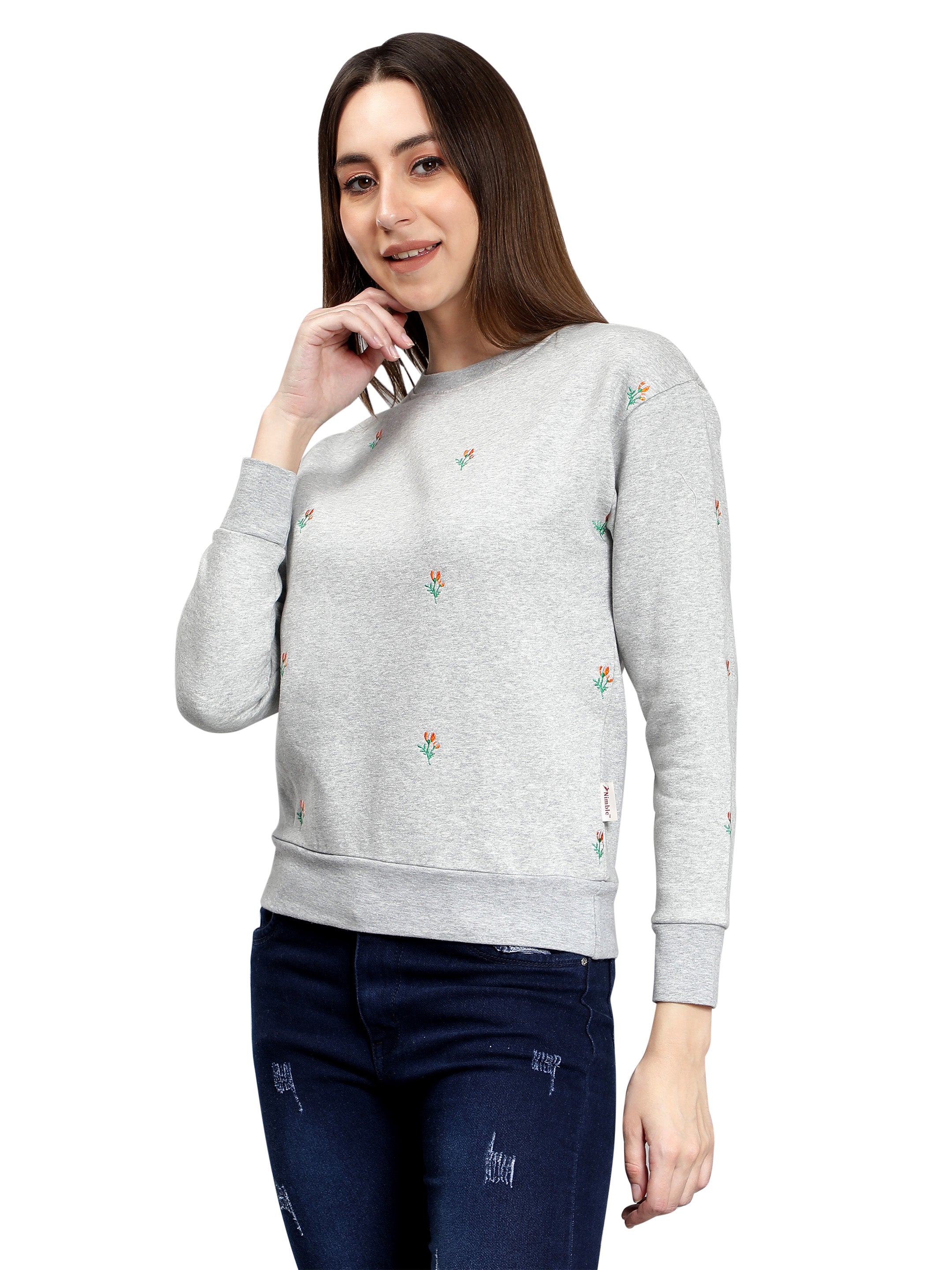 Grey Heather Mélange Embroidered Sweatshirt for Women