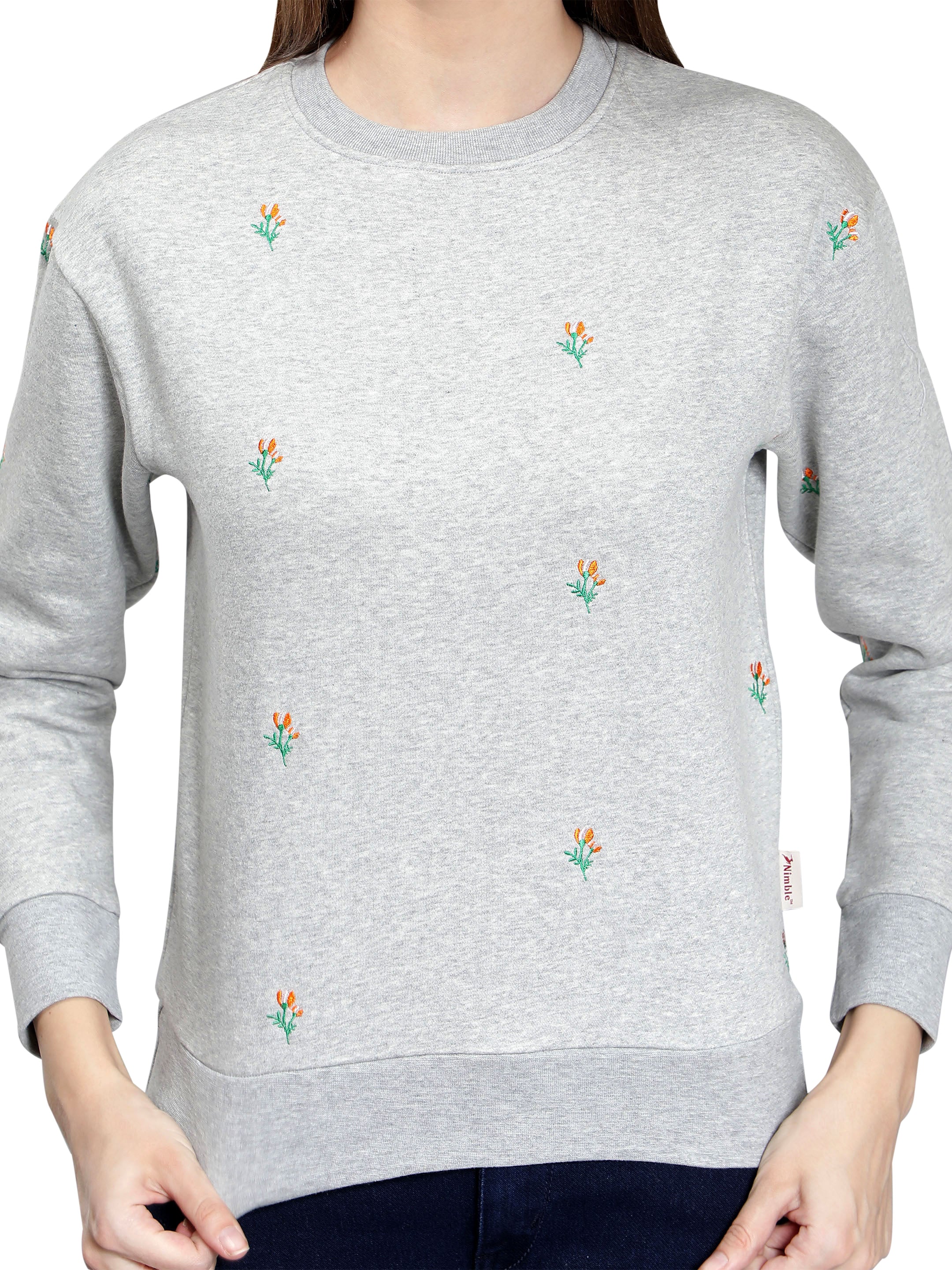 Grey Heather Mélange Embroidered Sweatshirt for Women