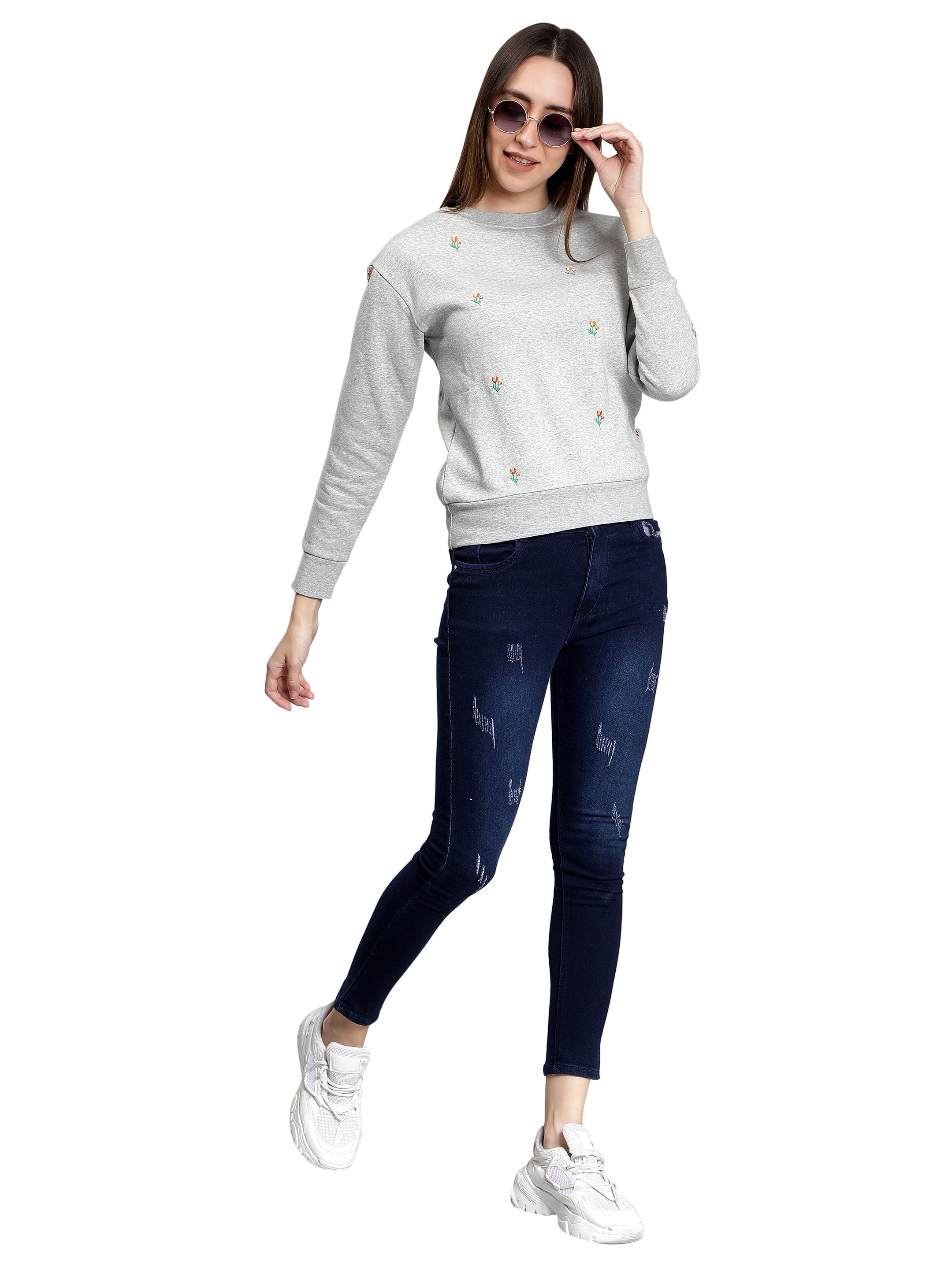 Grey Heather Mélange Embroidered Sweatshirt for Women