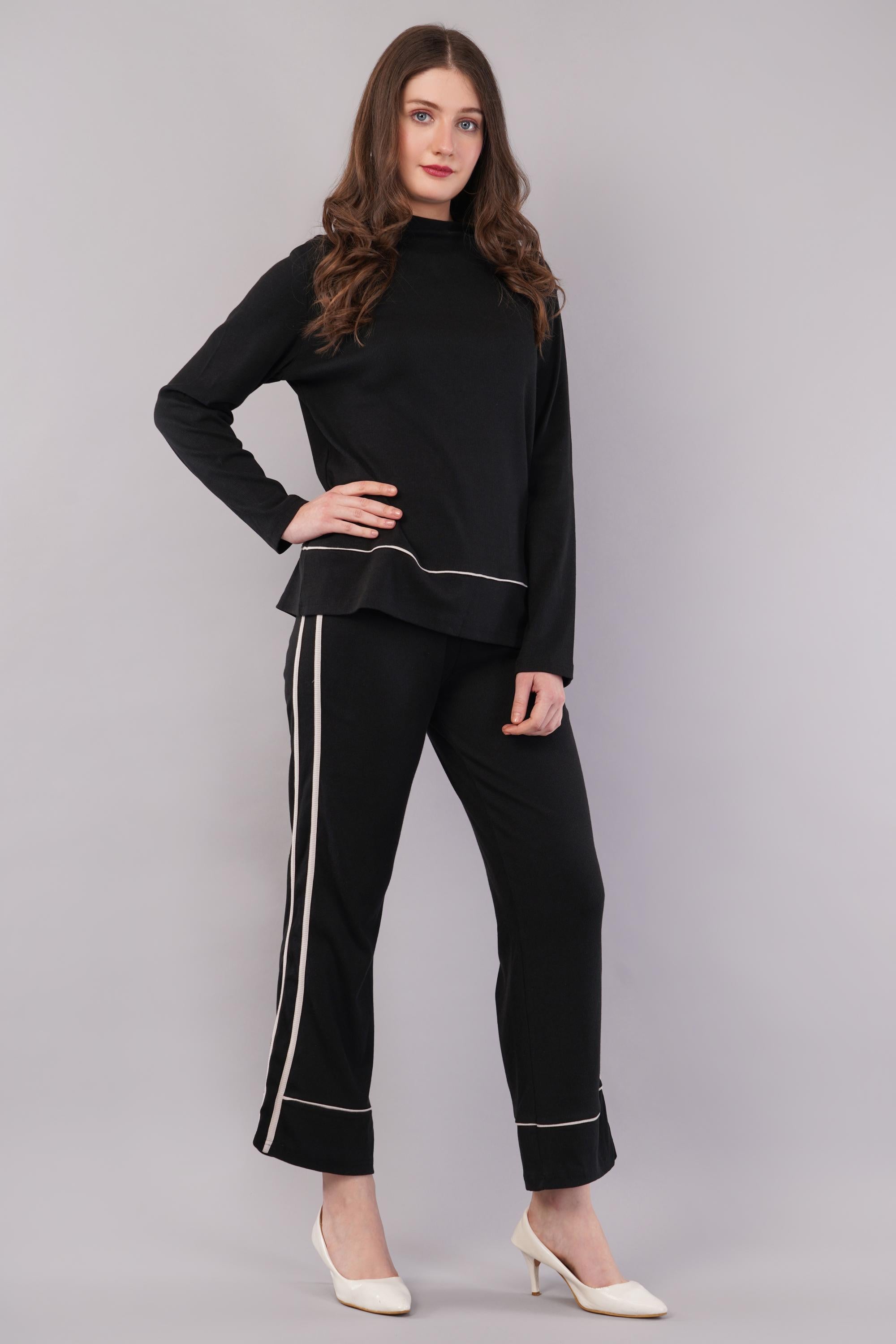 Black Round Neck Top & Trouser Co-Ords Set for Women