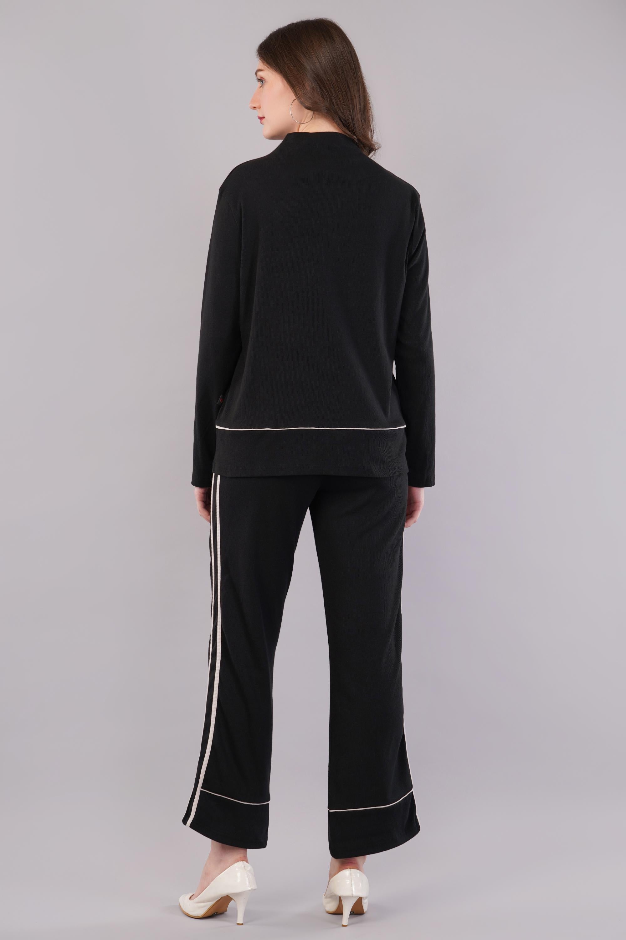 Black Round Neck Top & Trouser Co-Ords Set for Women