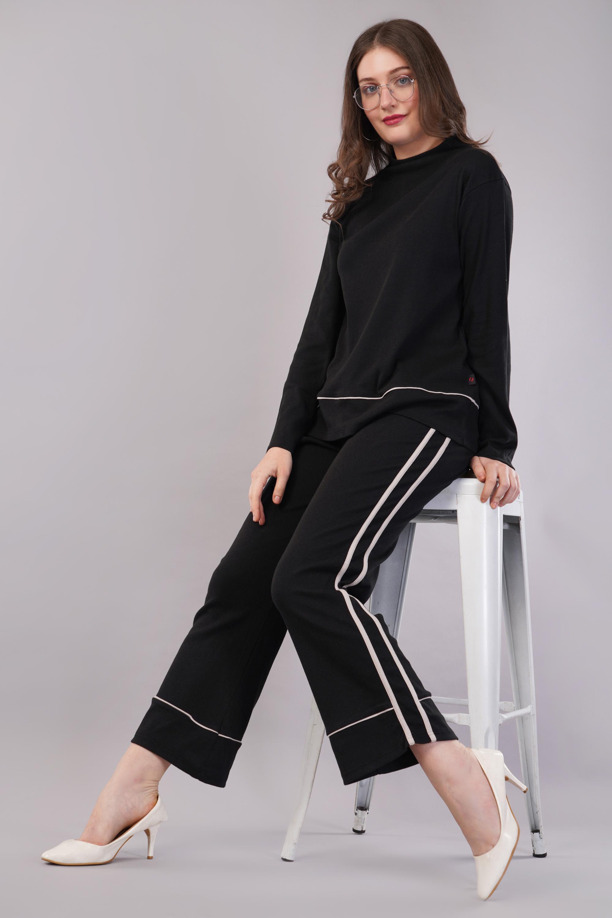 Black Round Neck Top & Trouser Co-Ords Set for Women