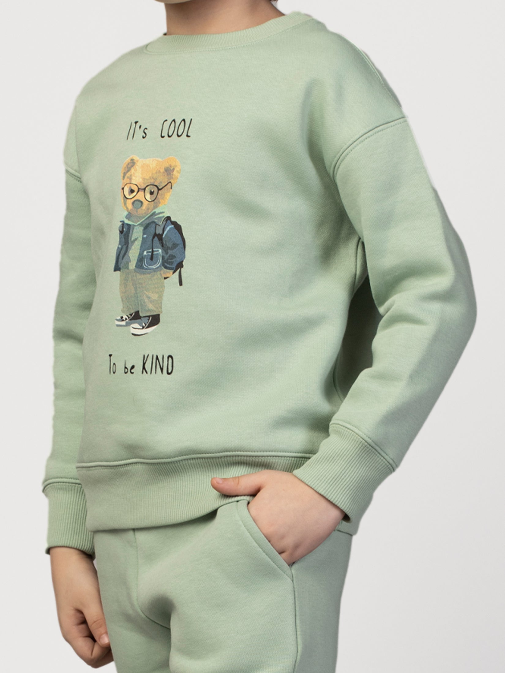 Sea Green Solid Graphic Sweatshirt & Joggers For Boys Set ( 3-8 Yr )