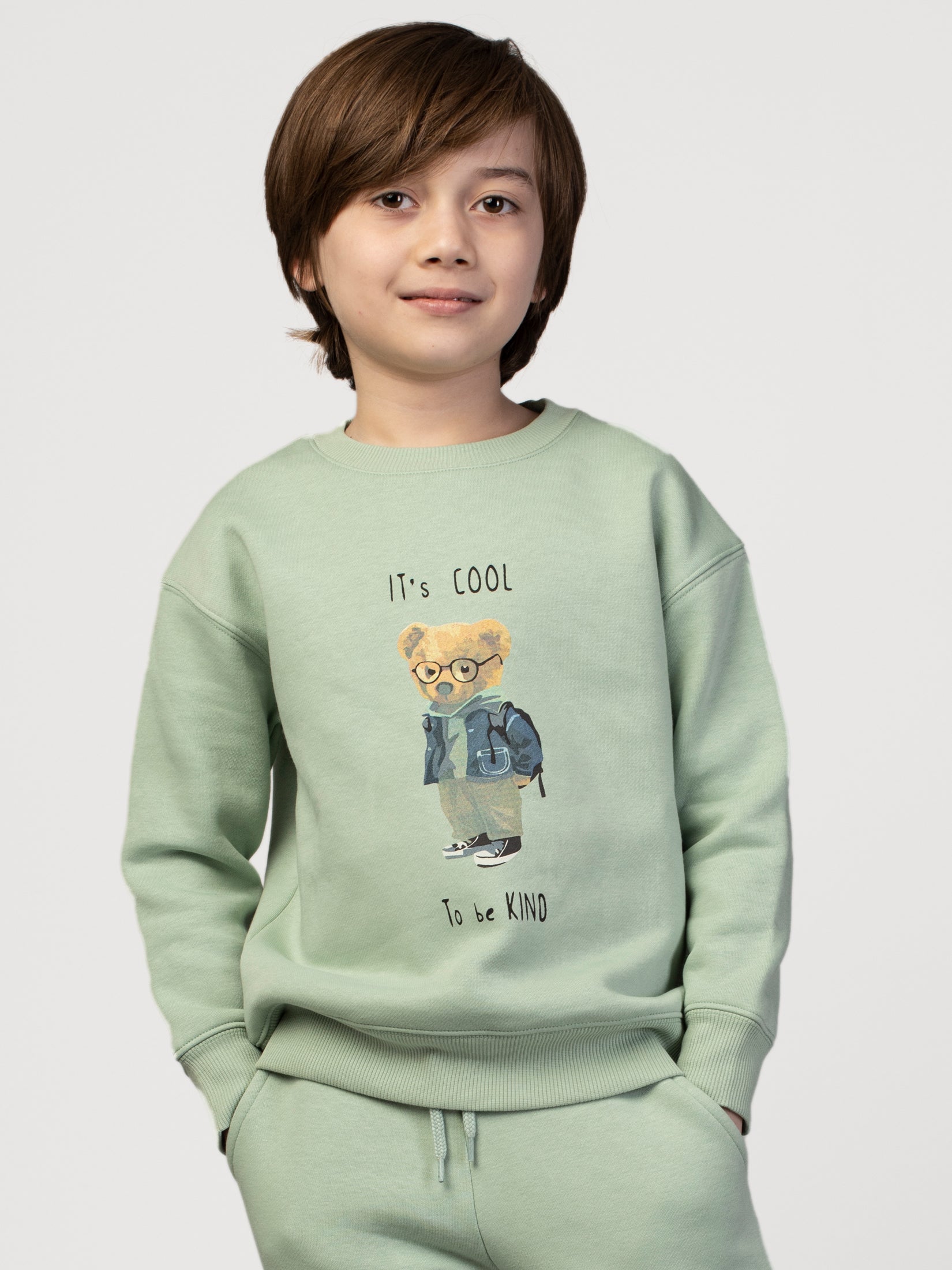 Sea Green Solid Graphic Sweatshirt & Joggers For Boys Set ( 3-8 Yr )