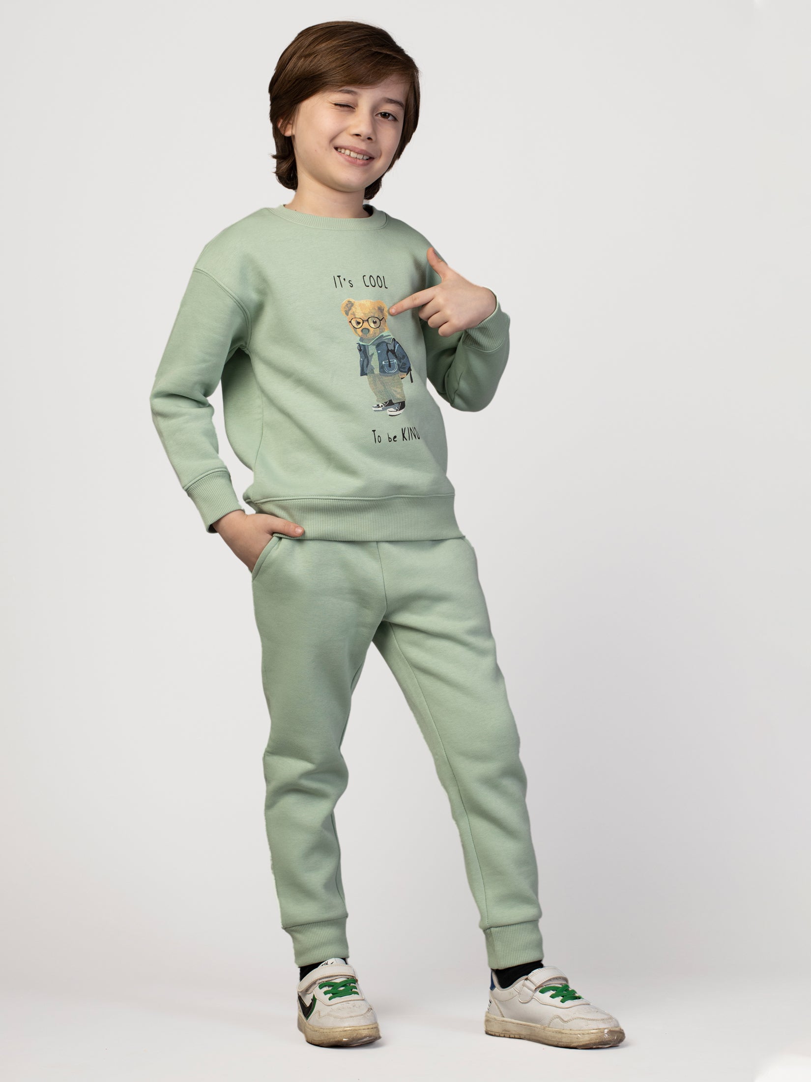 Sea Green Solid Graphic Sweatshirt & Joggers For Boys Set ( 3-8 Yr )