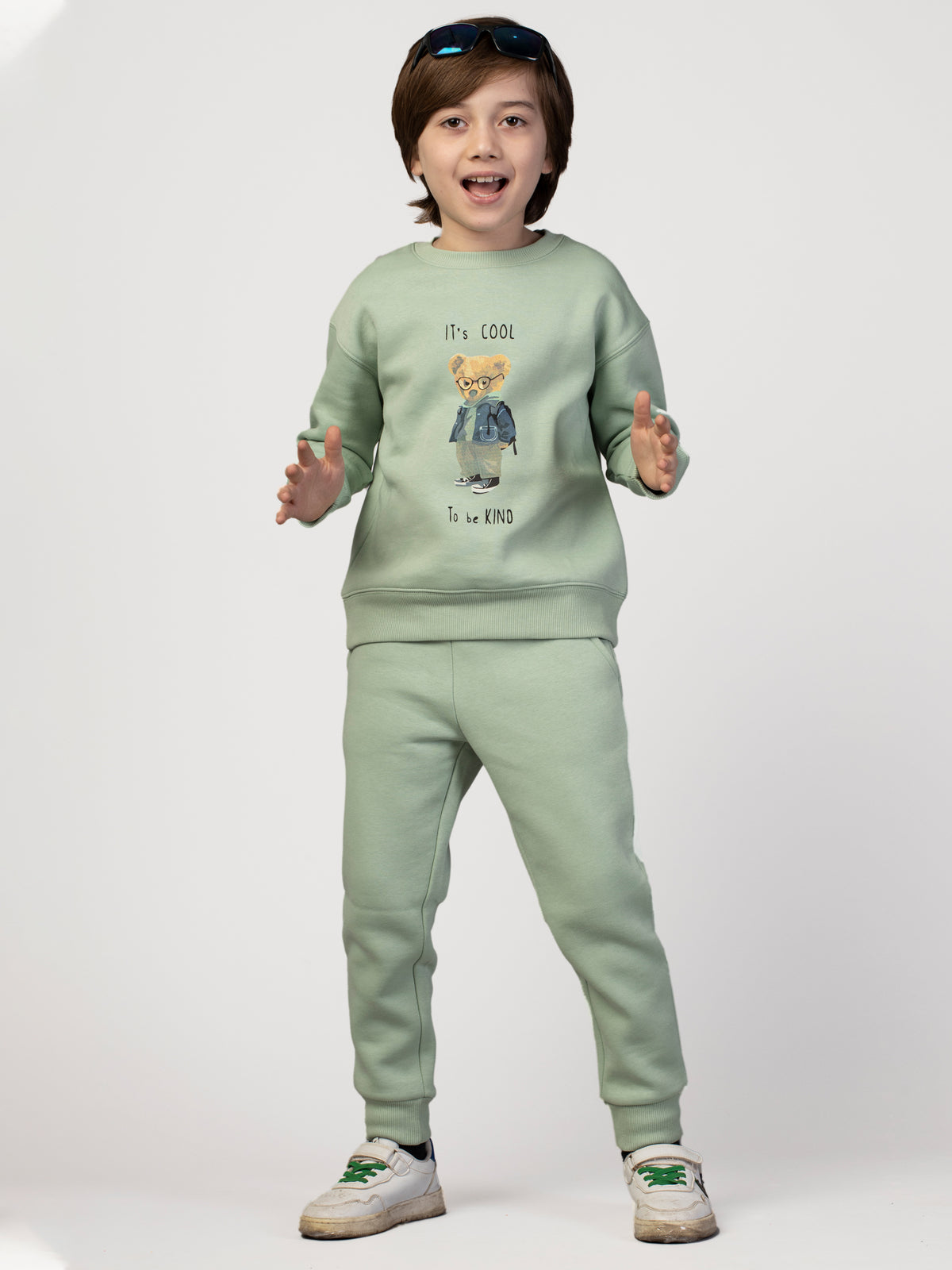 Sea Green Solid Graphic Sweatshirt & Joggers For Boys Set ( 3-8 Yr )