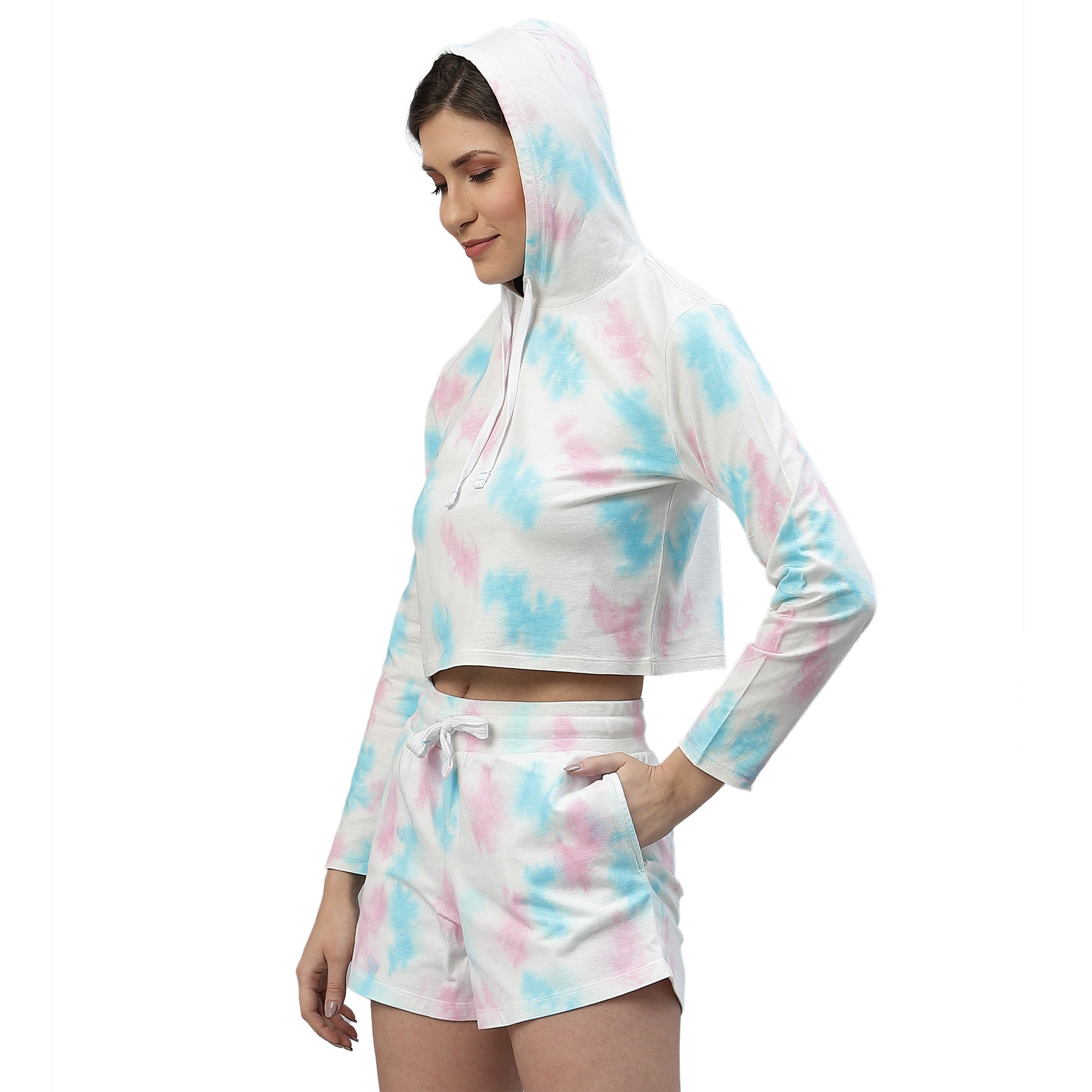 Womens Crumple Tie n Dye Short Co-ords with Hoodie