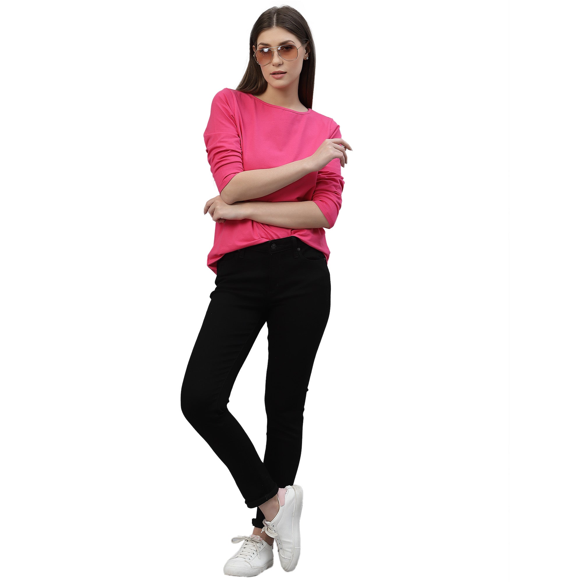 Solid Hot Pink ¾th Sleeves Crew Neck T-Shirt