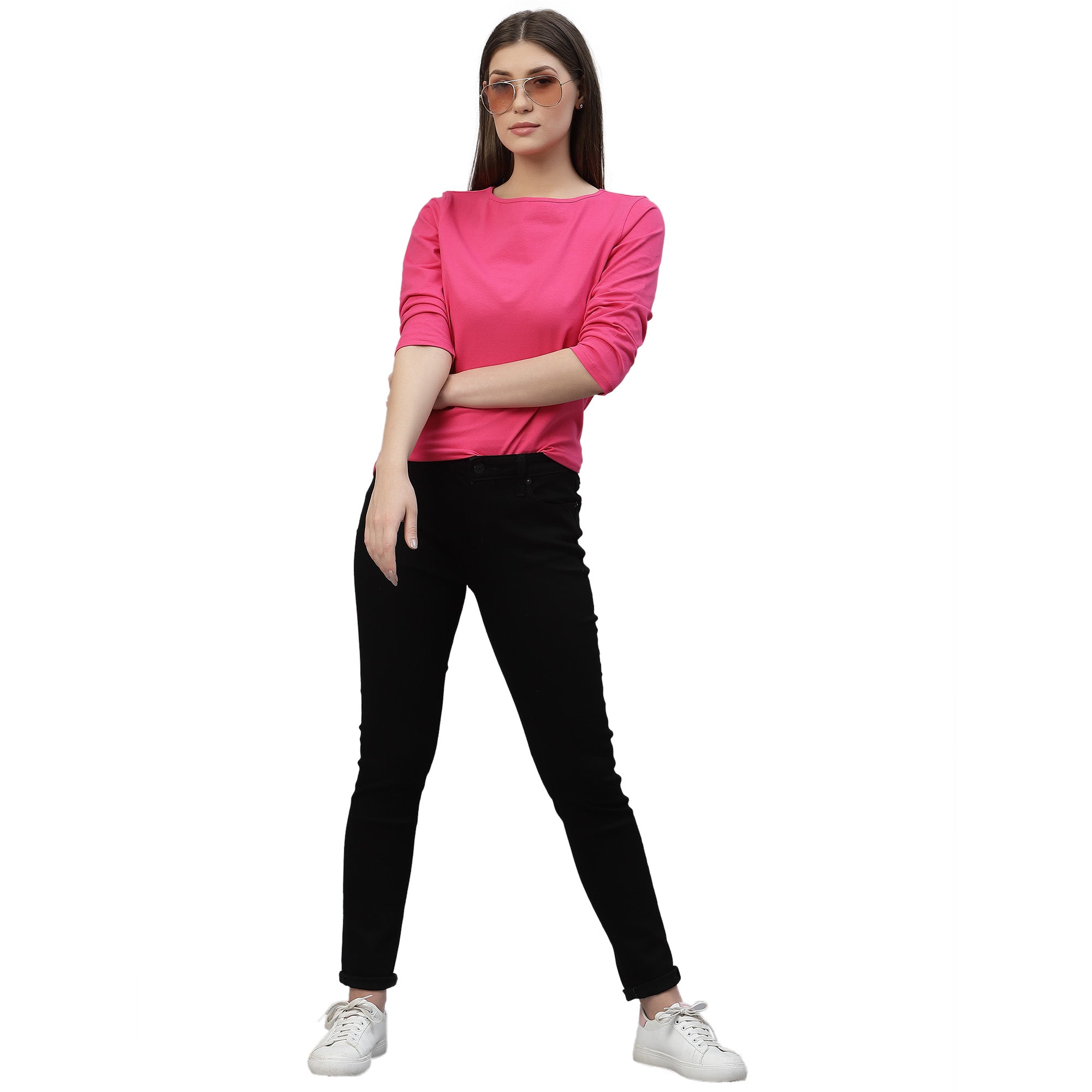 Solid Hot Pink ¾th Sleeves Crew Neck T-Shirt