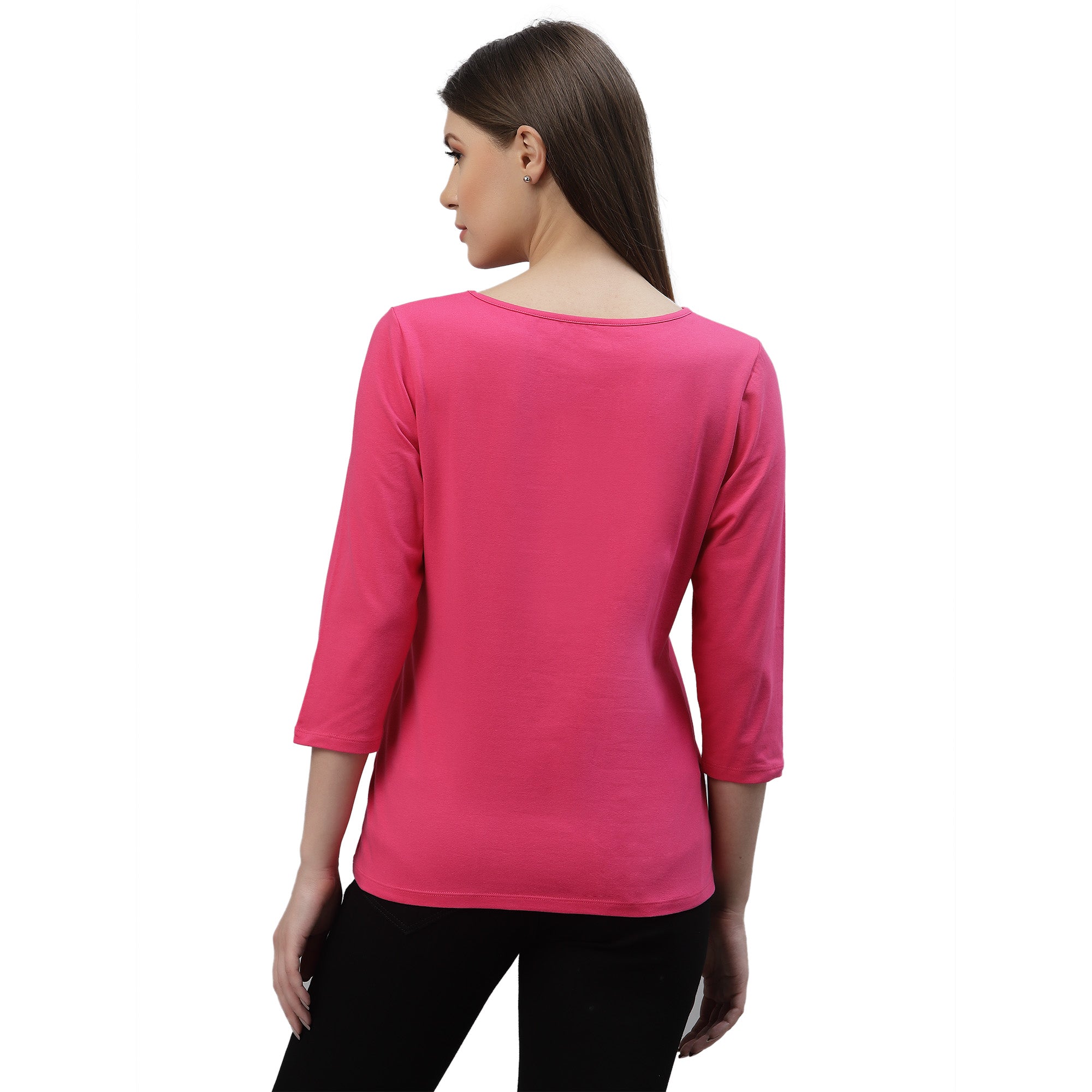 Solid Hot Pink ¾th Sleeves Crew Neck T-Shirt