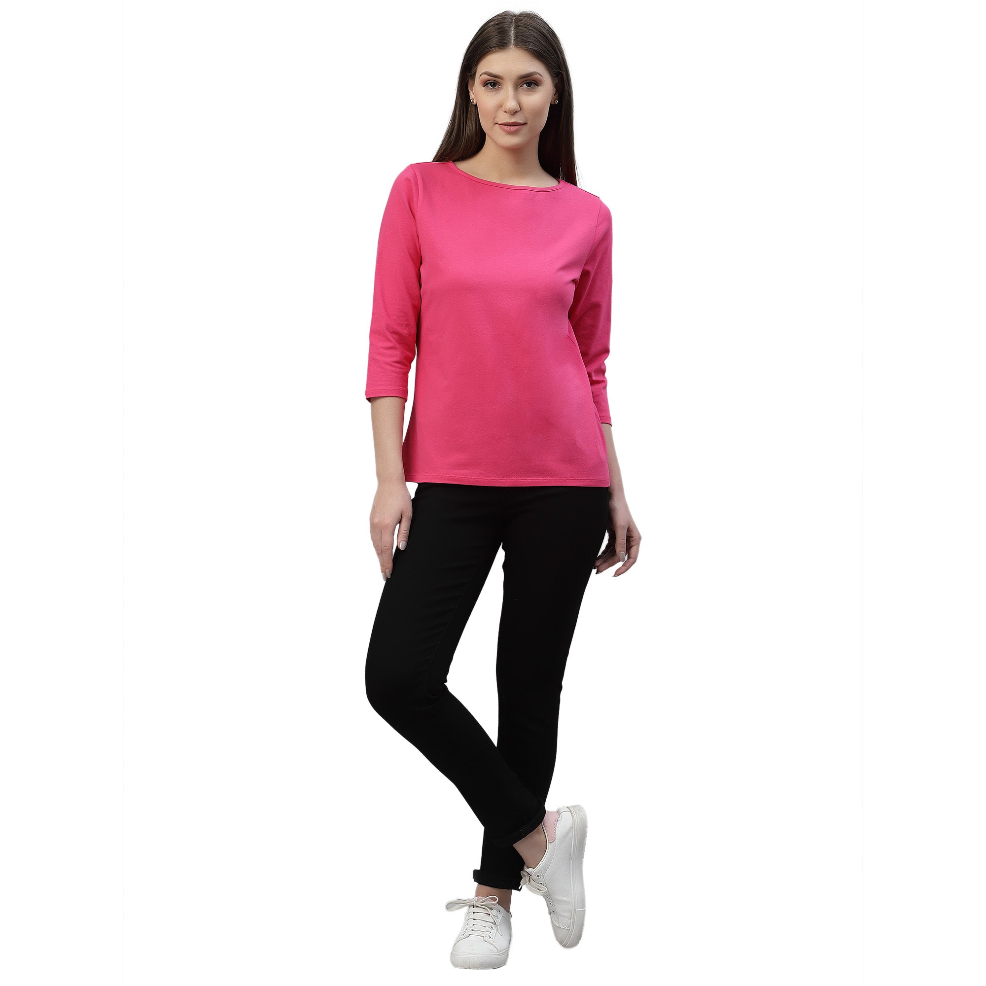 Solid Hot Pink ¾th Sleeves Crew Neck T-Shirt