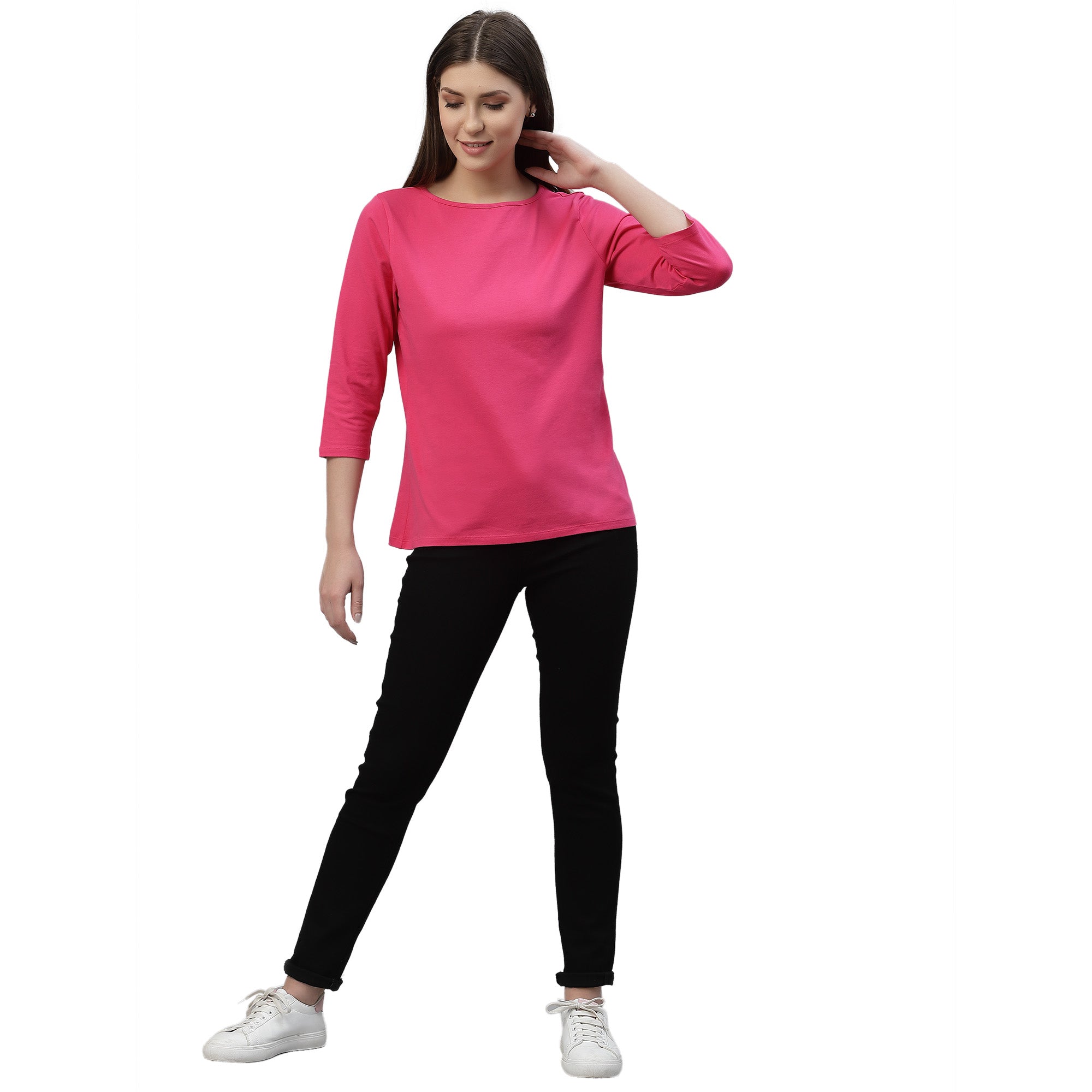 Solid Hot Pink ¾th Sleeves Crew Neck T-Shirt