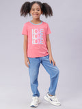 Eat Play Love Printed Baby Pink Half Sleeve Tee for Girls