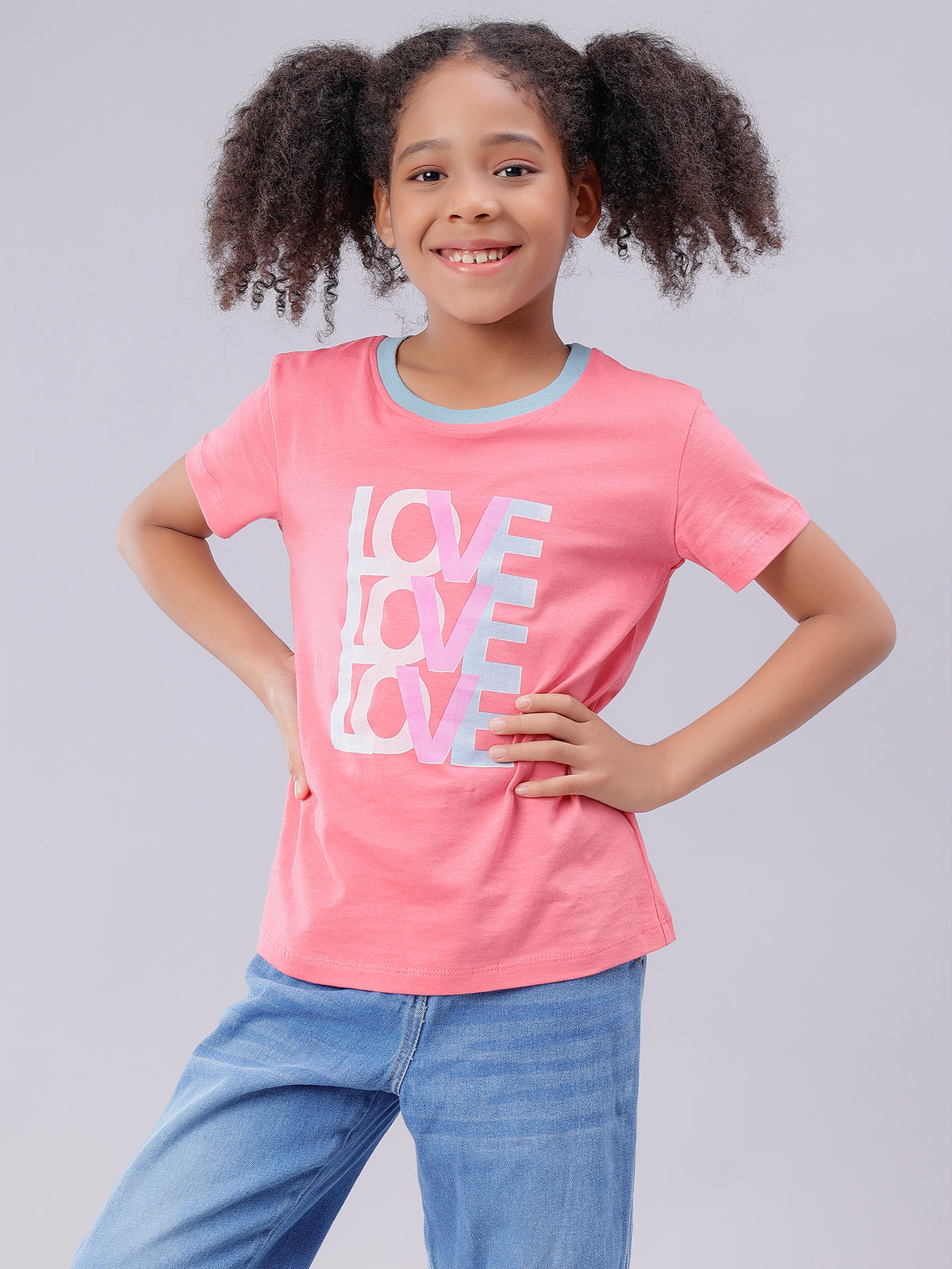 Eat Play Love Printed Baby Pink Half Sleeve Tee for Girls