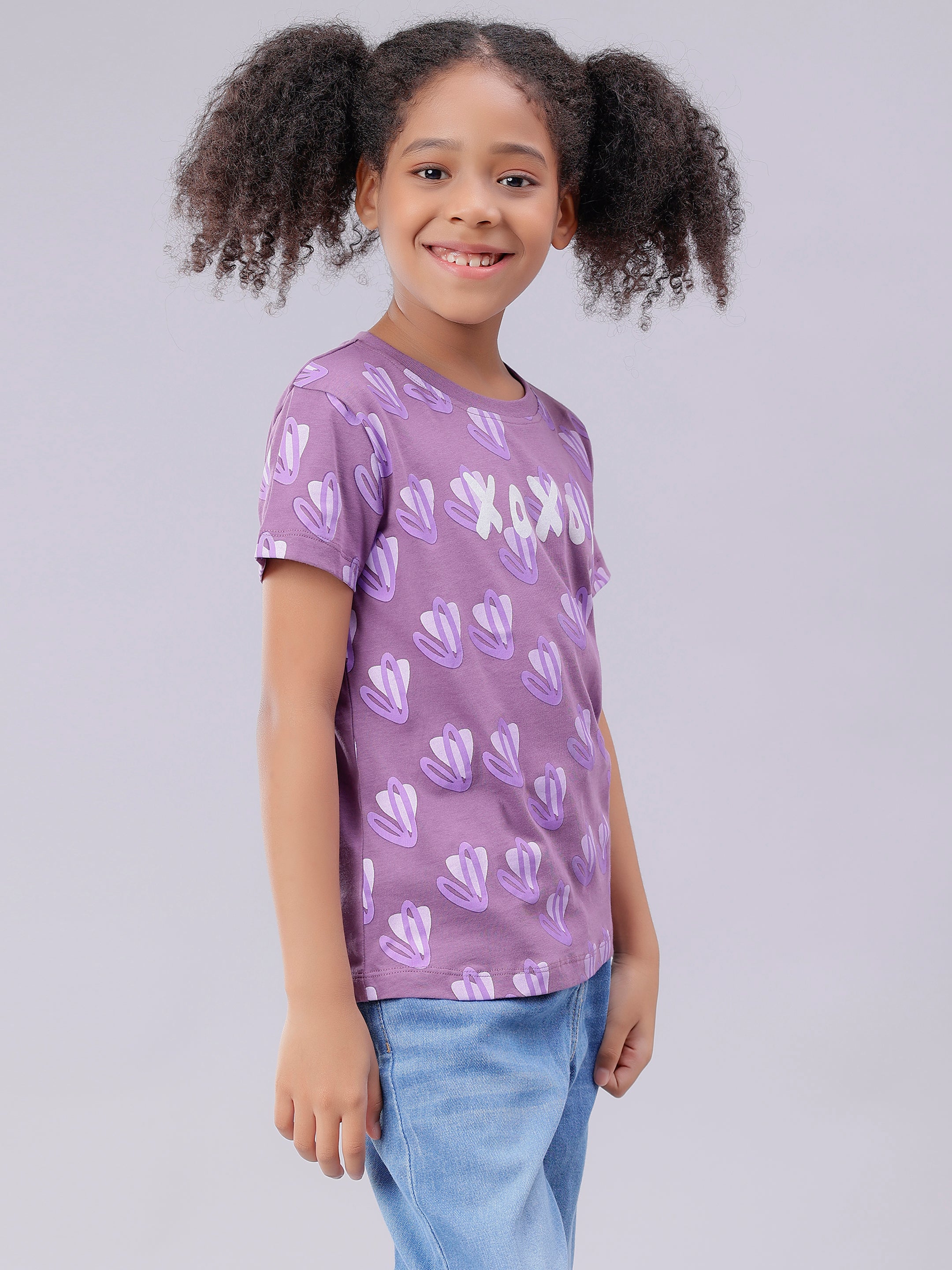 Heart Print Sweet Lavender Half Sleeve Tee for Girls