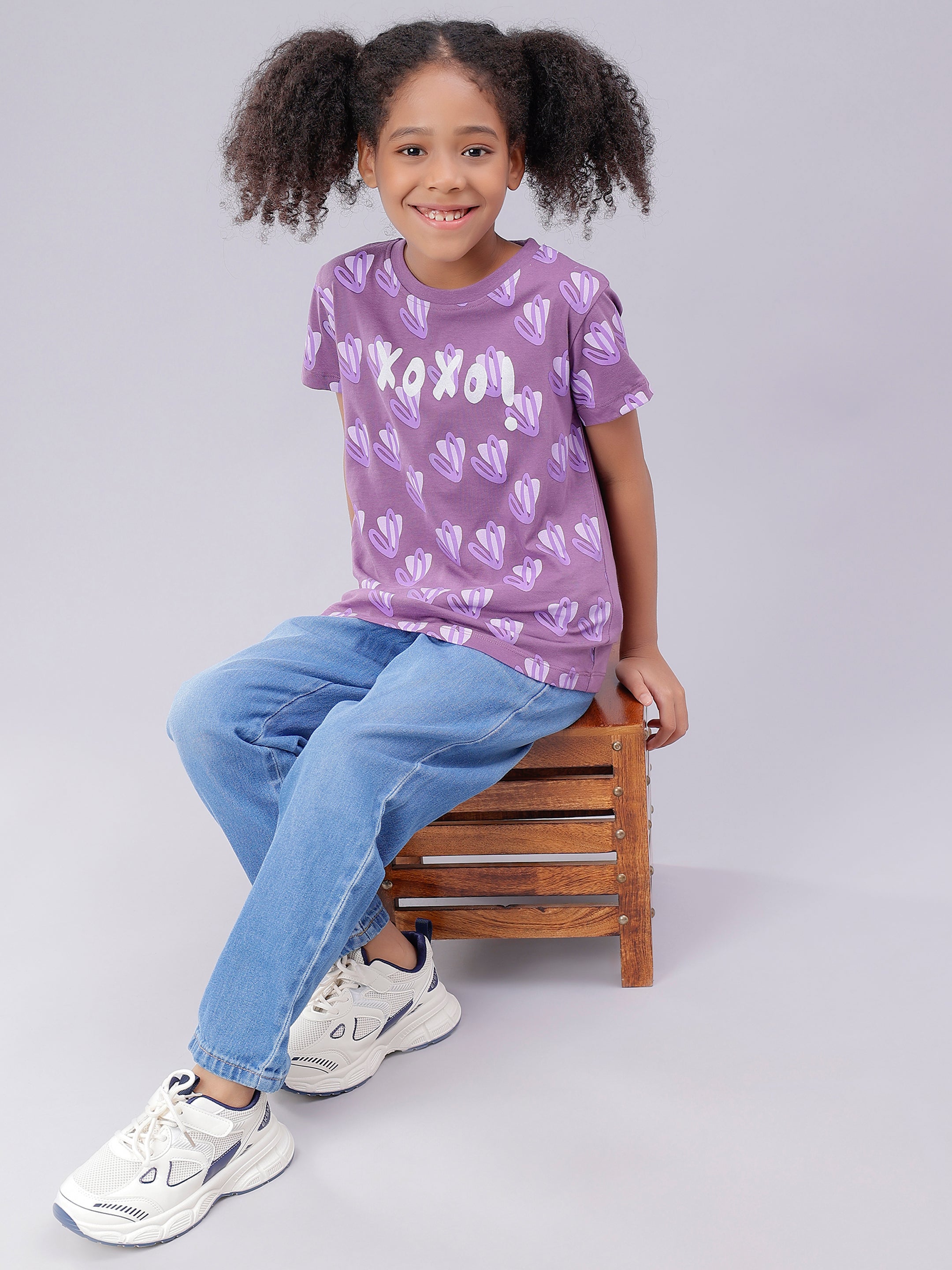 Heart Print Sweet Lavender Half Sleeve Tee for Girls