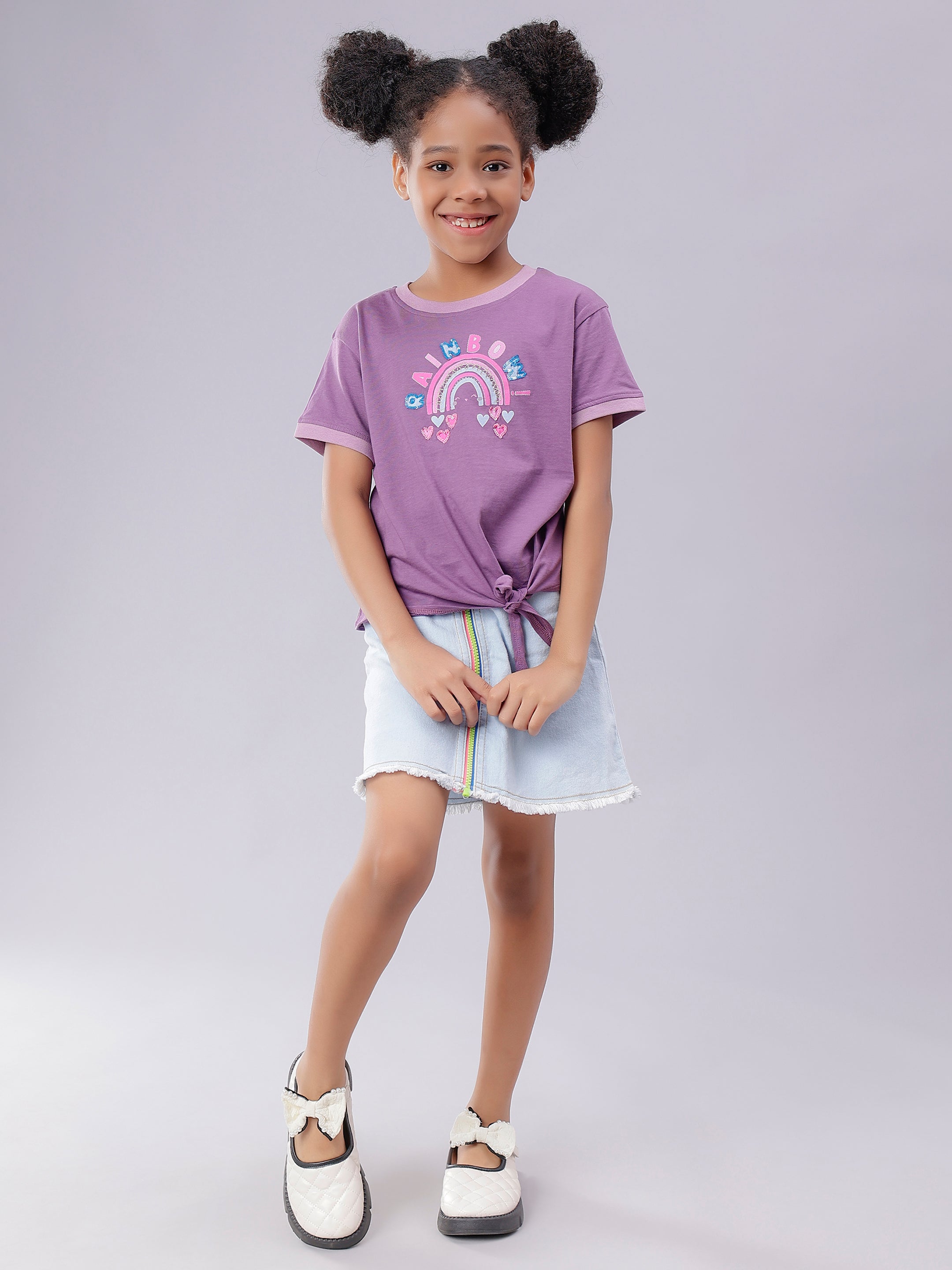 Rainbow Print Baby Pink Half Sleeve Tee for Girls