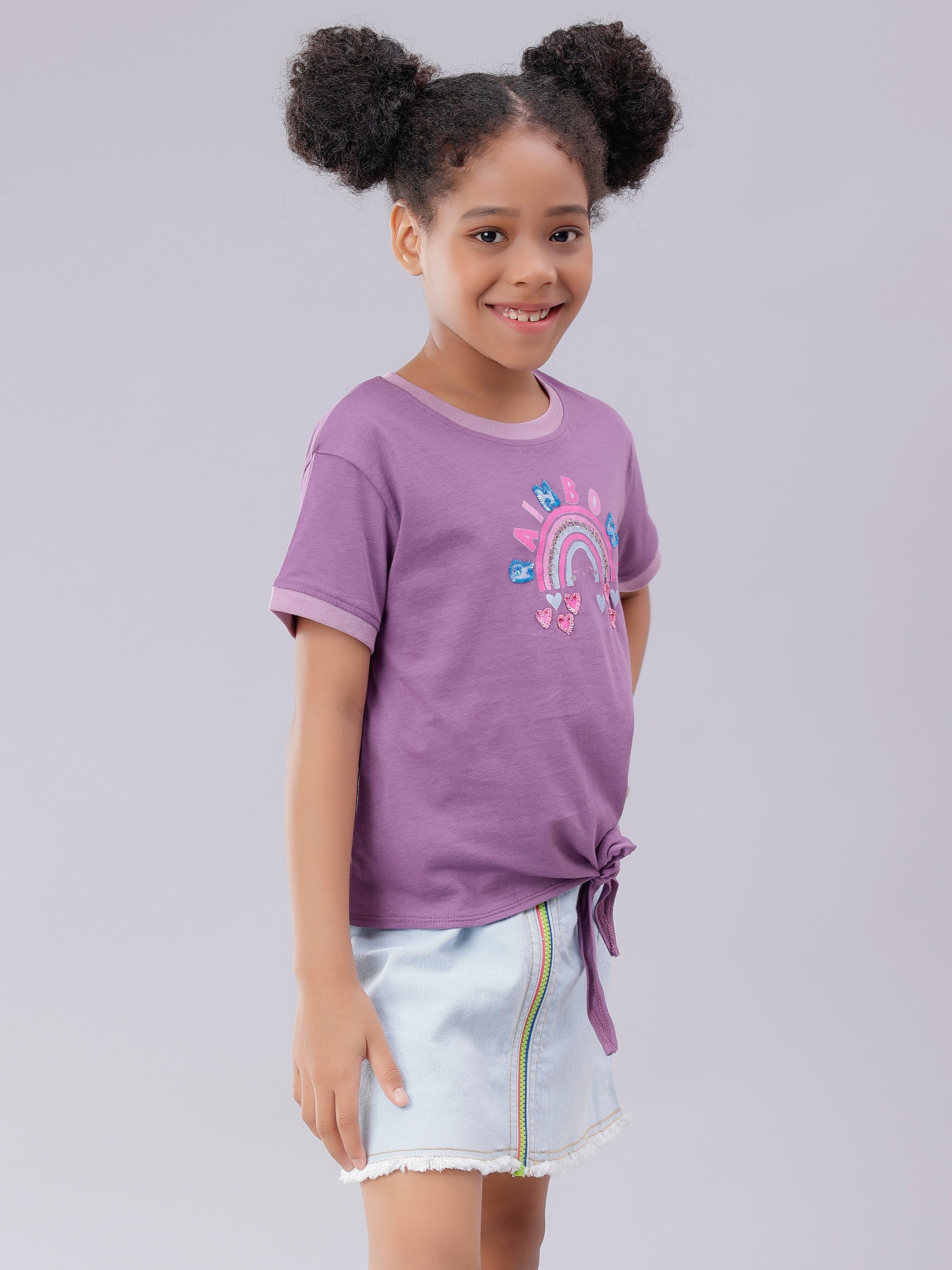 Rainbow Print Baby Pink Half Sleeve Tee for Girls