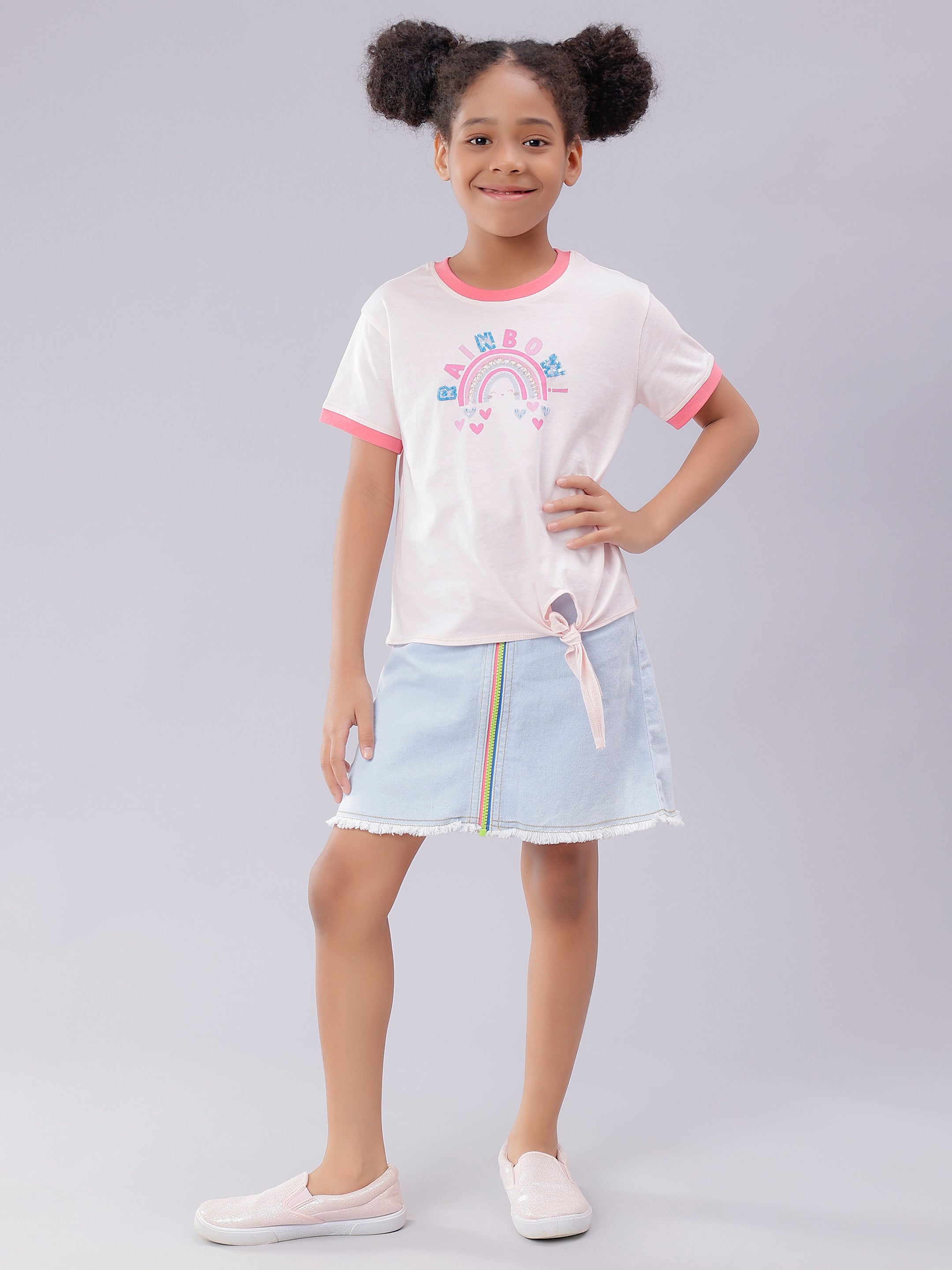 Rainbow Print Baby Pink Half Sleeve Tee for Girls