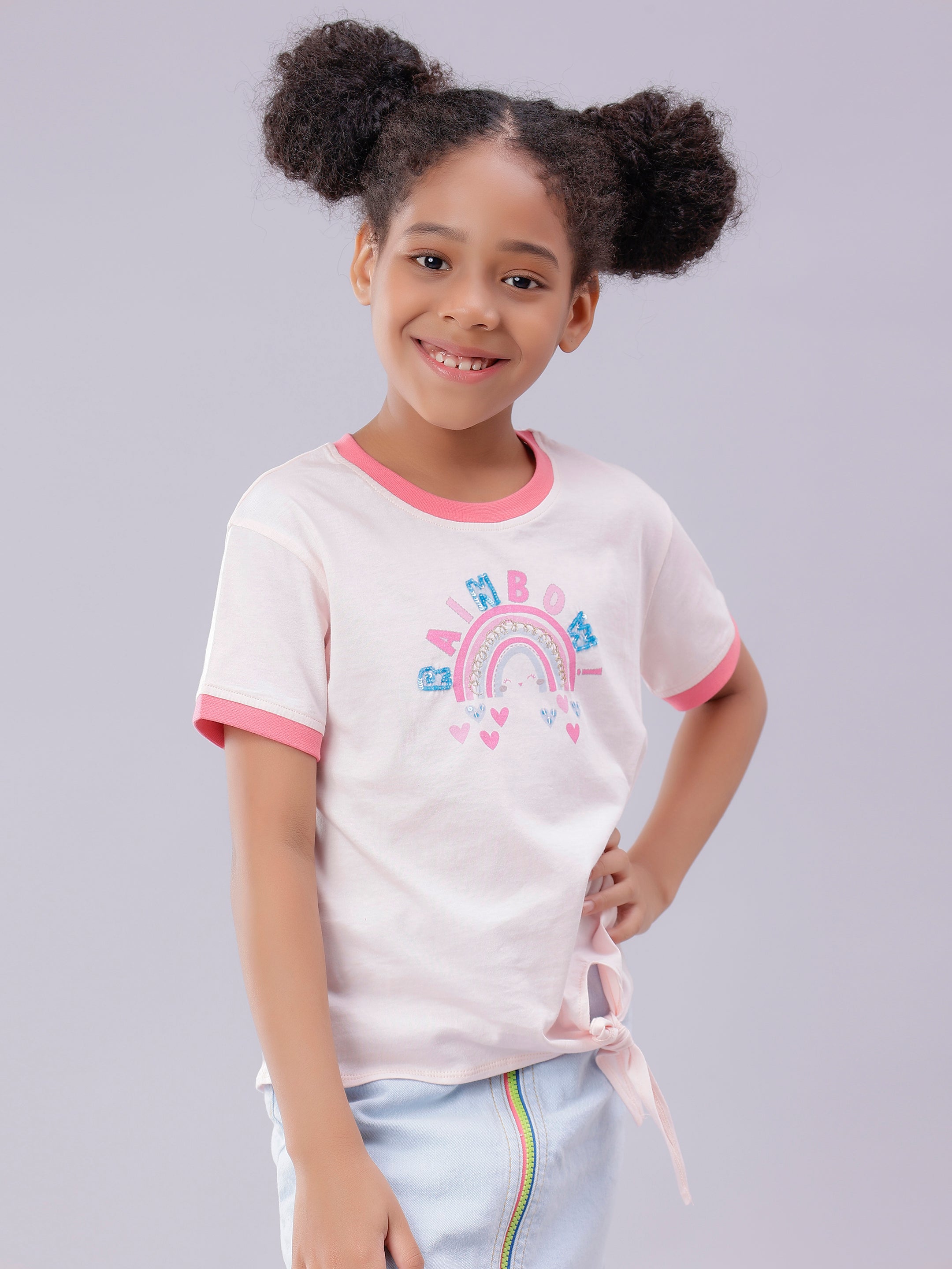 Rainbow Print Baby Pink Half Sleeve Tee for Girls