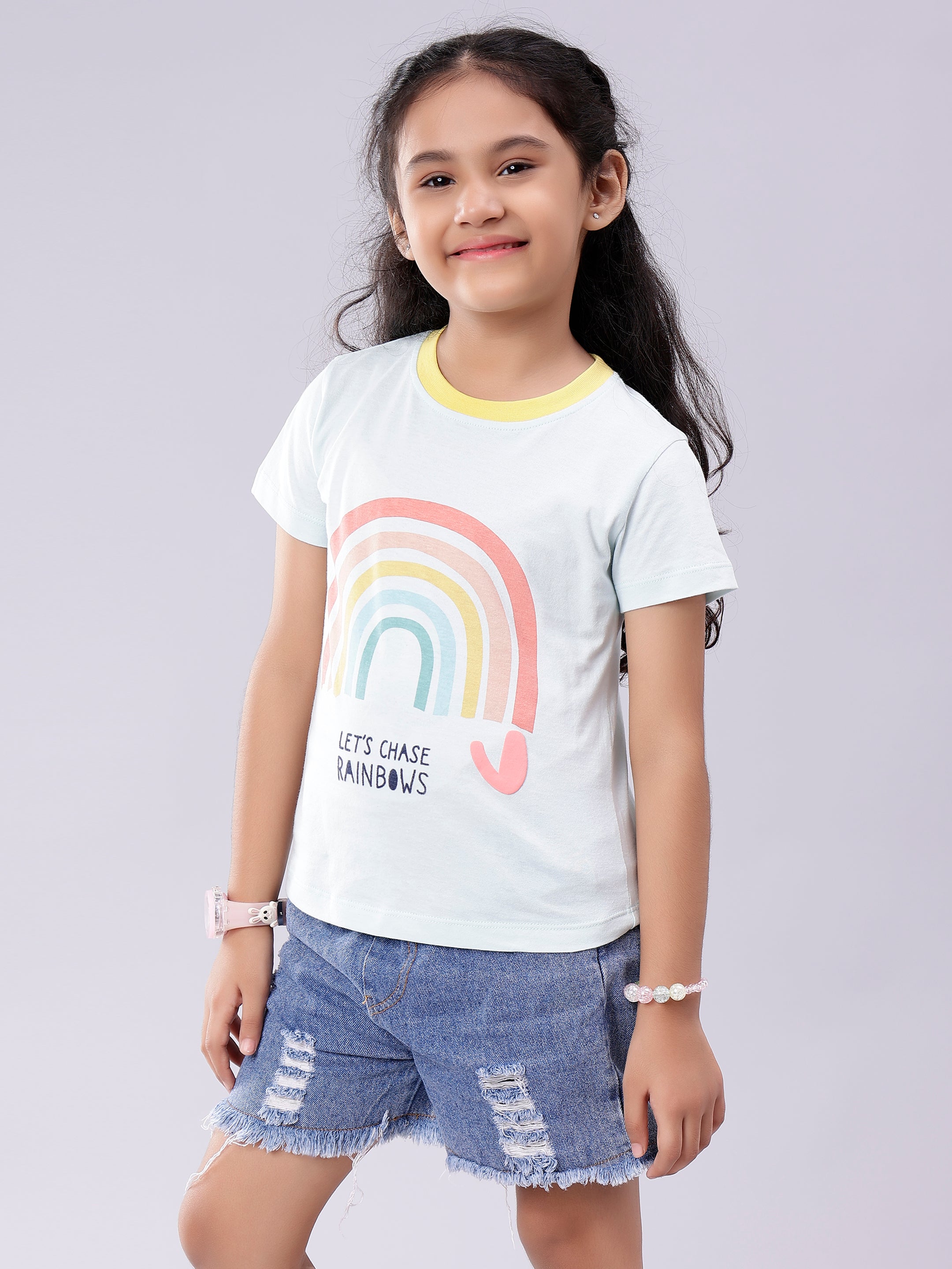 Rainbow Print Baby Blue Coloured Tee for Girls