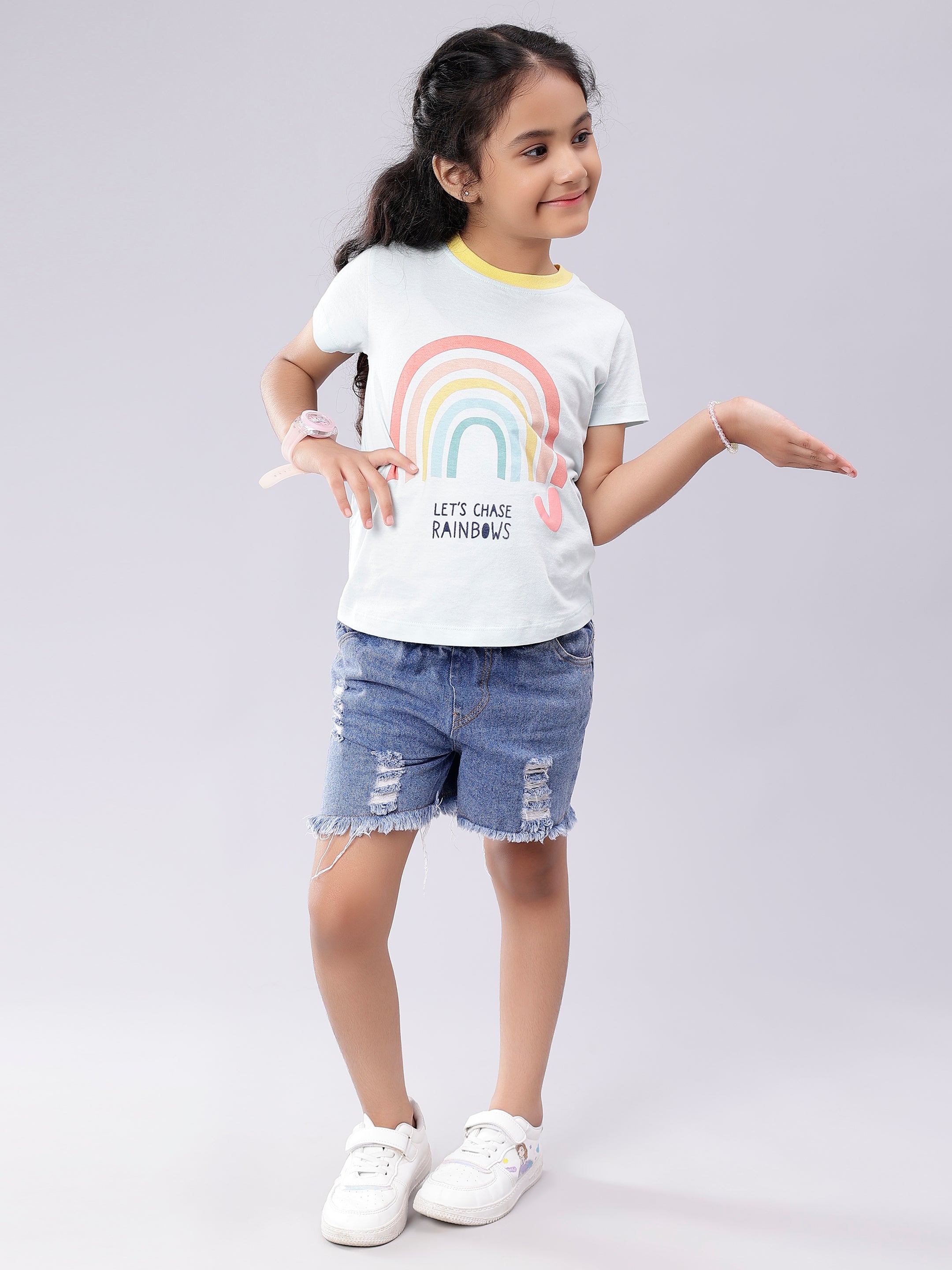 Rainbow Print Baby Blue Coloured Tee for Girls