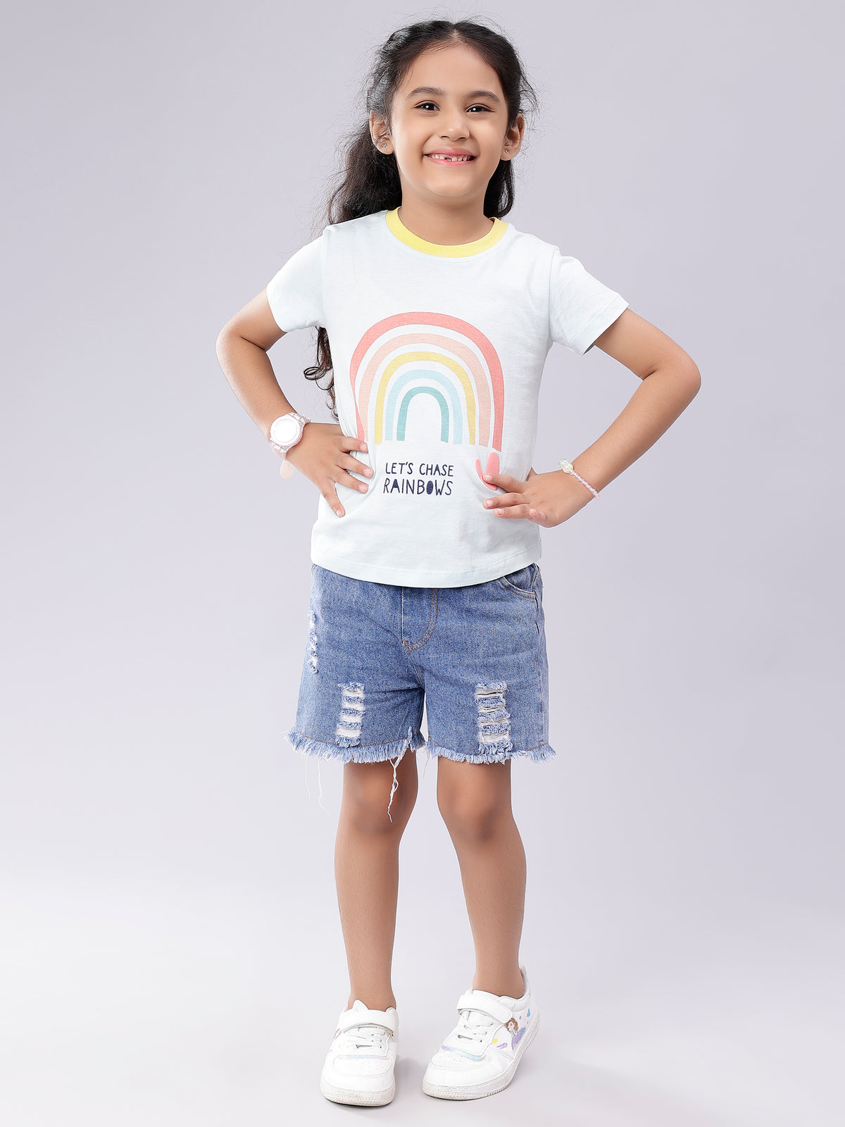 Rainbow Print Baby Blue Coloured Tee for Girls