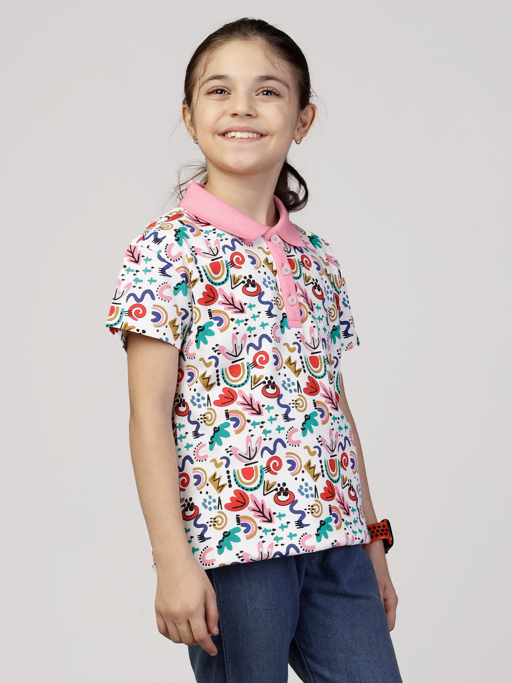 Cotton Printed Short Sleeve Polo T-Shirt for Girls