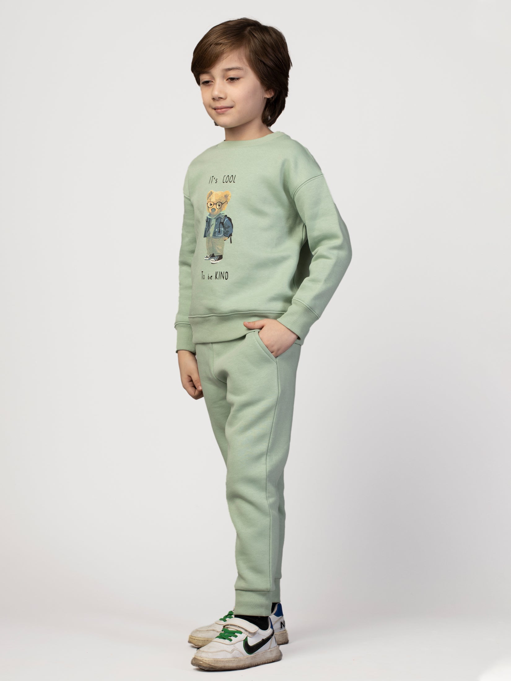 Sea Green Solid Graphic Sweatshirt & Joggers For Boys Set ( 3-8 Yr )