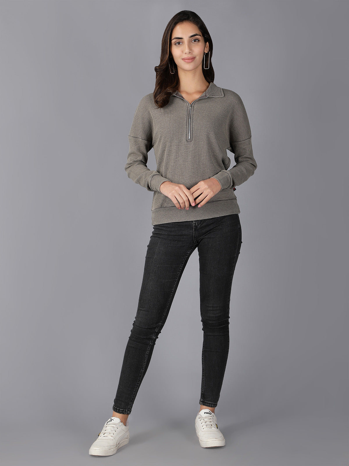 Dark Grey Full Sleeves Waffle T-Shirt for Women